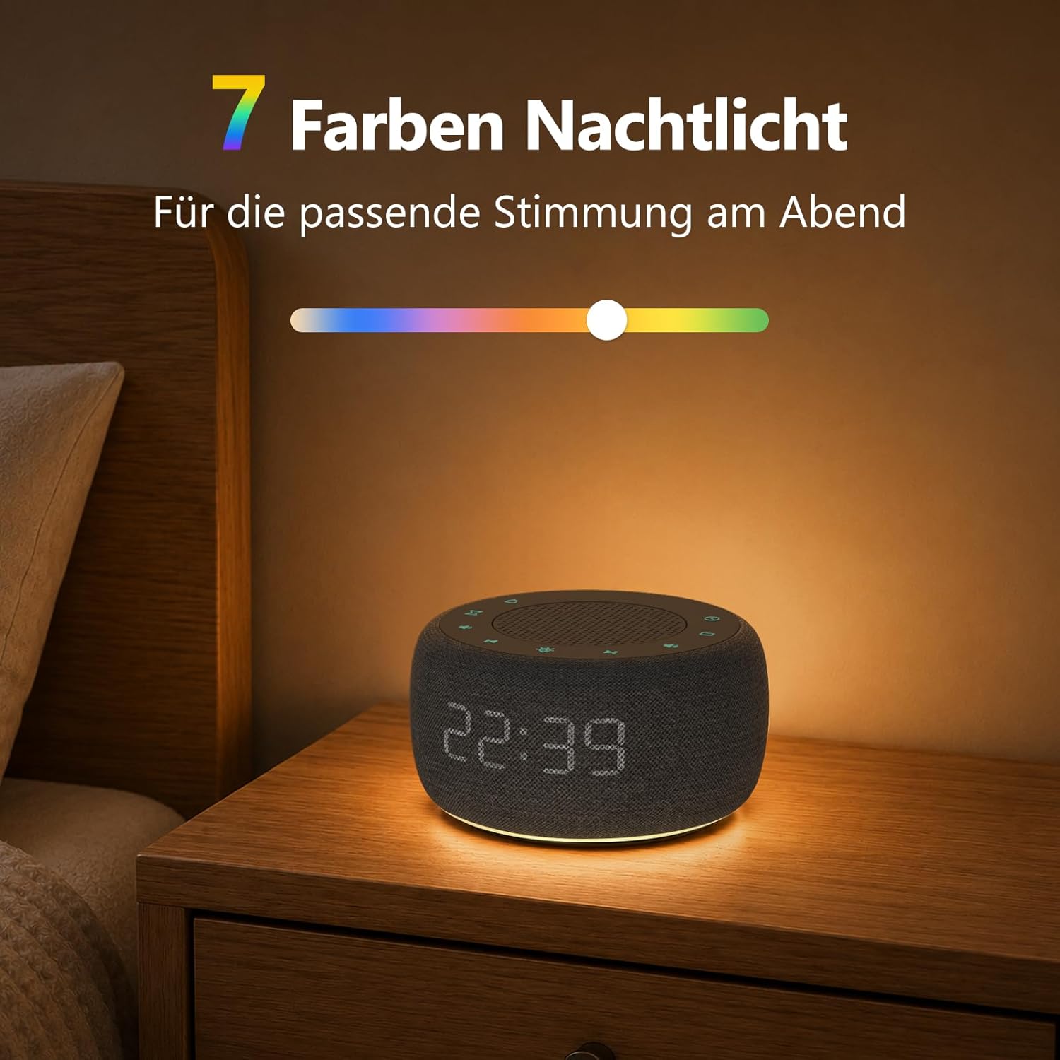 Buffbee Digitaler Radiowecker für Schlafzimmer – 7-Farben-Nachtlicht, High-Fidelity-Klangqualität mit nach oben gerichtetem Lautsprecher, 4 Alarmtöne, Vollbereichs-Display-Dimmer für den Nachttisch – Bild 4