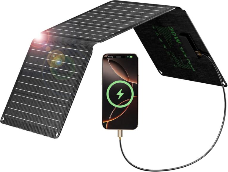 30W Solarpanel faltbar mit 3 Anschlüssen (USB-C + USB-A + DC), IP67 wasserdichtes tragbares Solarladegerät, Handy-Solarpanel im Freien, Camping-Ladegerät für Smartphone, mobile Powerbank und mehr