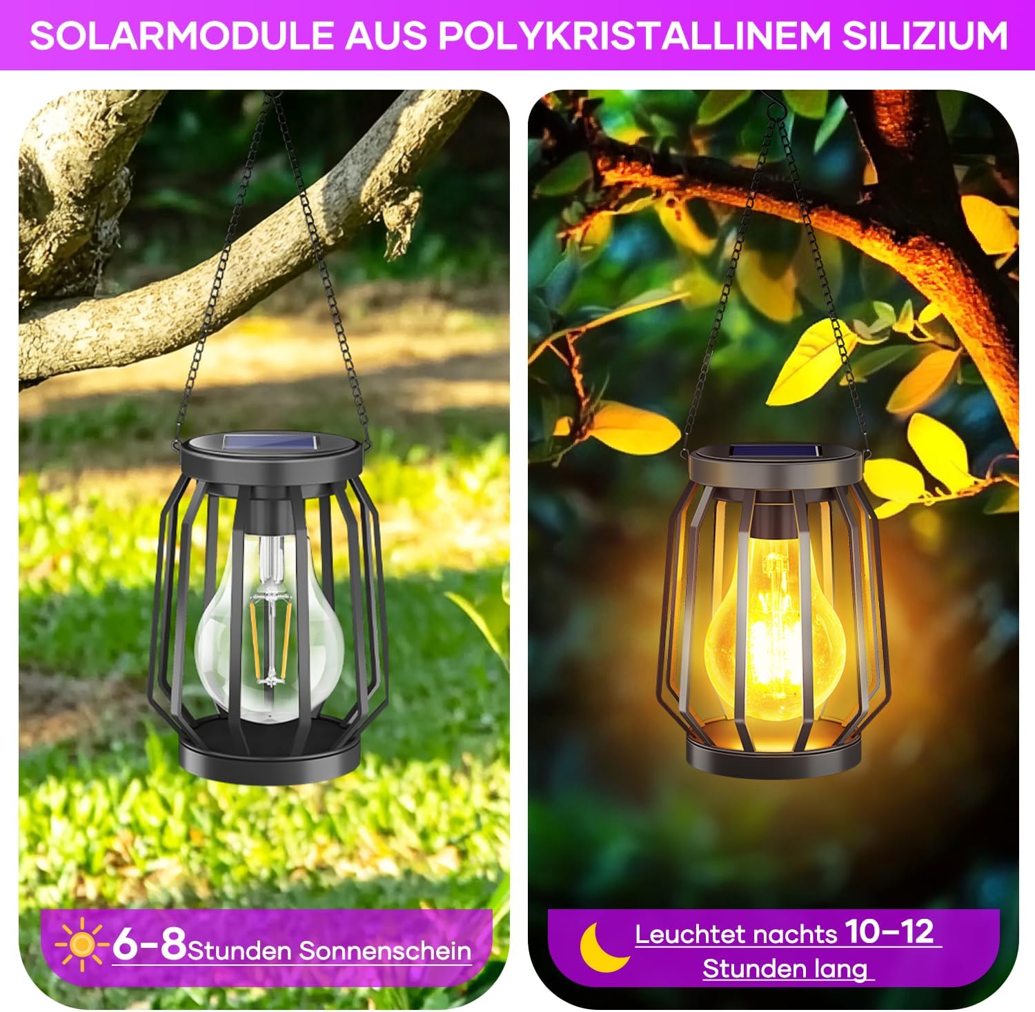 Solarleuchten zum Aufhängen im Freien, 2 Stück, Garten-Deko-Solarlaterne mit großer LED-Glühbirne, IP65 wasserdichte Solarleuchten, warmweiße Beleuchtung für draußen, Hof, Balkon, Terrasse, schwarzes Metall – Bild 3