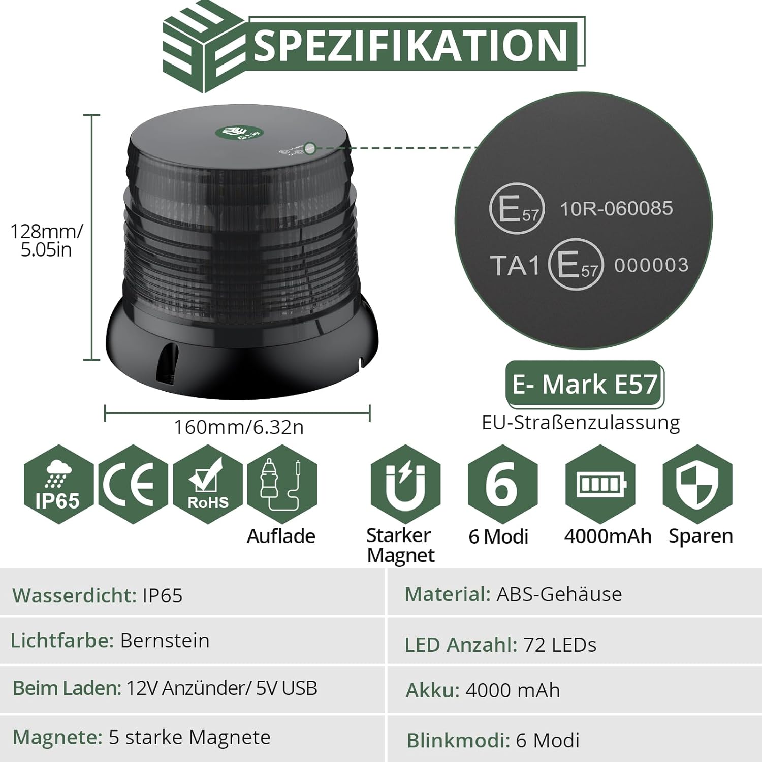 EYPINS Rotierender Akku mit Fernbedienung, 12V 24V Warnlicht Auto Gelb, 6 Blinkmuster Wiederaufladbares LED-Blitzlicht mit magnetischem Saugnapf, Warnlicht Auto für Traktor, PKW, LKW, SUV, Blendfreies Gehäuse – Bild 2
