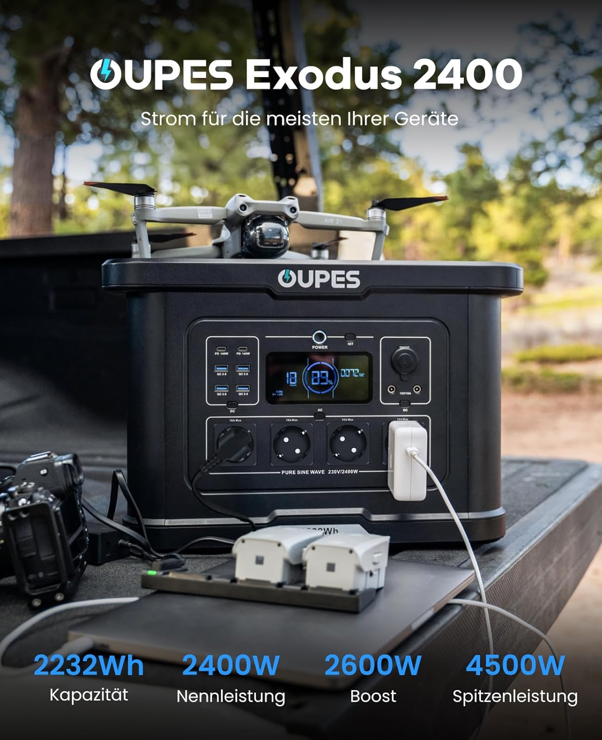 OUPES Exodus 2400 Tragbares Kraftwerk 2400 W, 2232 Wh Solargenerator mit 4 Steckdosen (Boost 2600 W, 4500 W Peak), Schnellladung 0-80 % in 50 Minuten, USV-Funktionsgenerator für Camping, Wohnmobil – Bild 3
