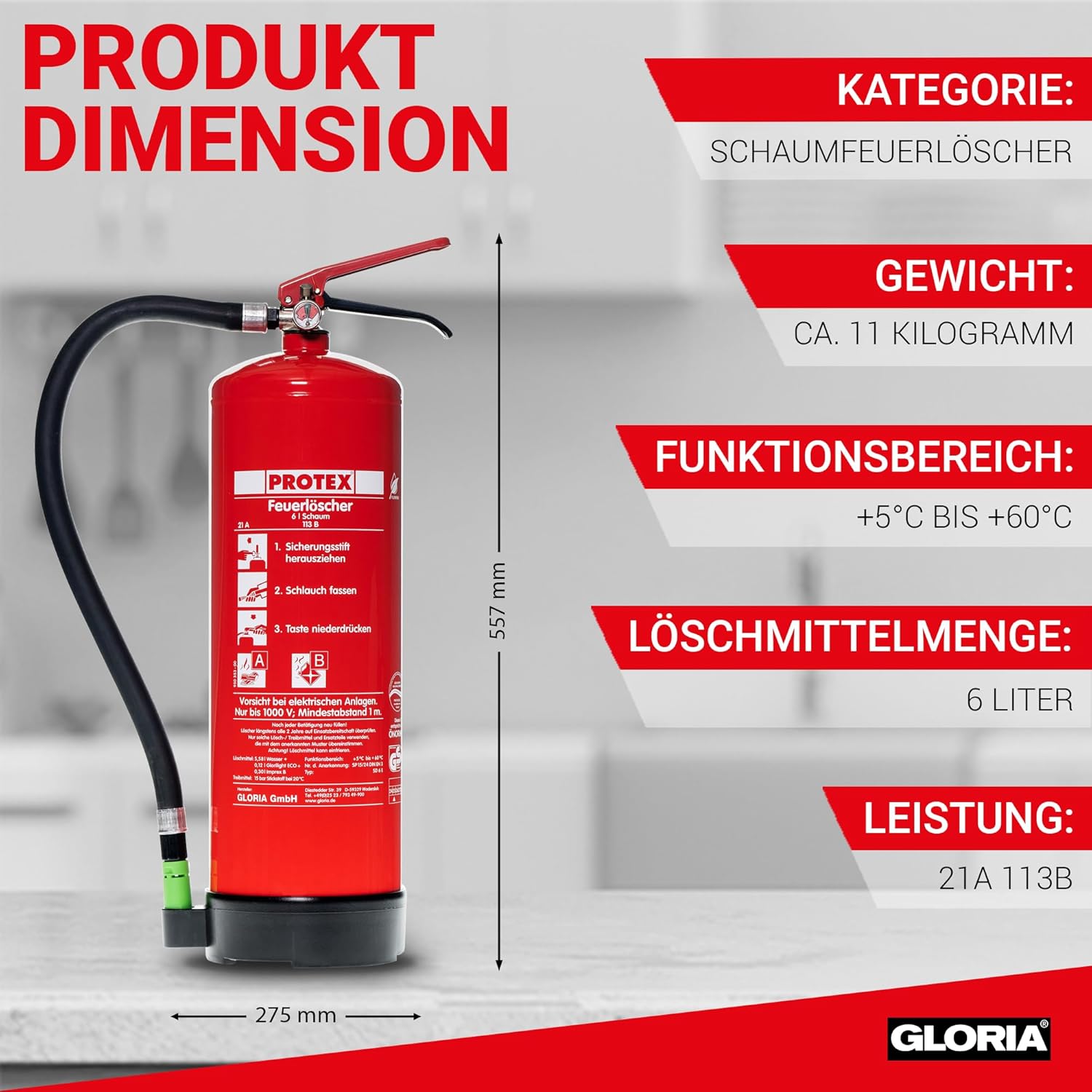 Protex 2 x Schaum-Feuerlöscher SD6 E – 6 Liter – fluorfrei – für Brandklassen A und B – nach DIN EN 3 – 11 kg – mit praktischer Halterung – mit Prüfplakette – hergestellt in der EU – Bild 3