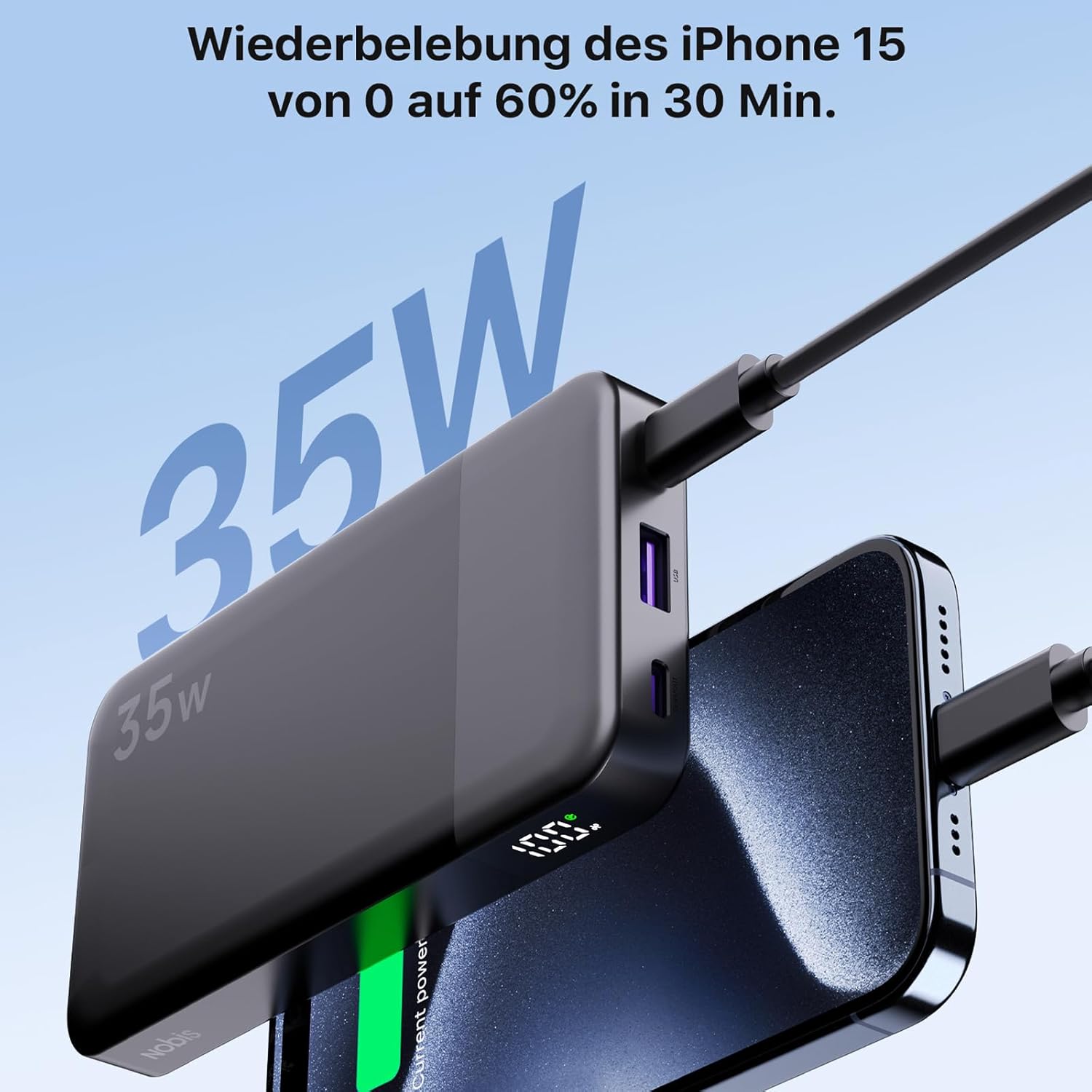 NOBIS 35 W Powerbank 10000 mAh Externer Akku mit Digitalanzeige | USB C Ladegerät Quick Charge PD QC, tragbare Powerbank für Smartphone, Tablet, Kamera – Bild 2