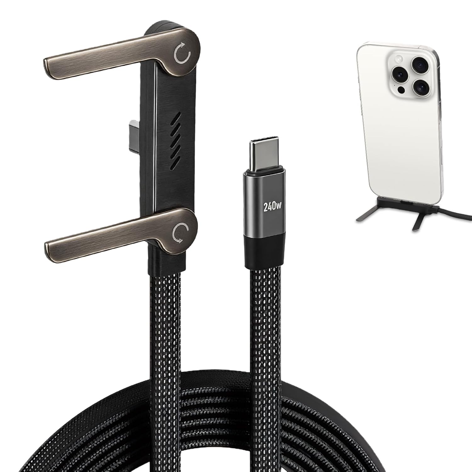 Ladekabel mit Ständer, Handy-Ladekabel USB C mit integrierter Handyhalterung, 1,5 m geflochtenes Kabel mit Ständer für Smartphones und Tablets
