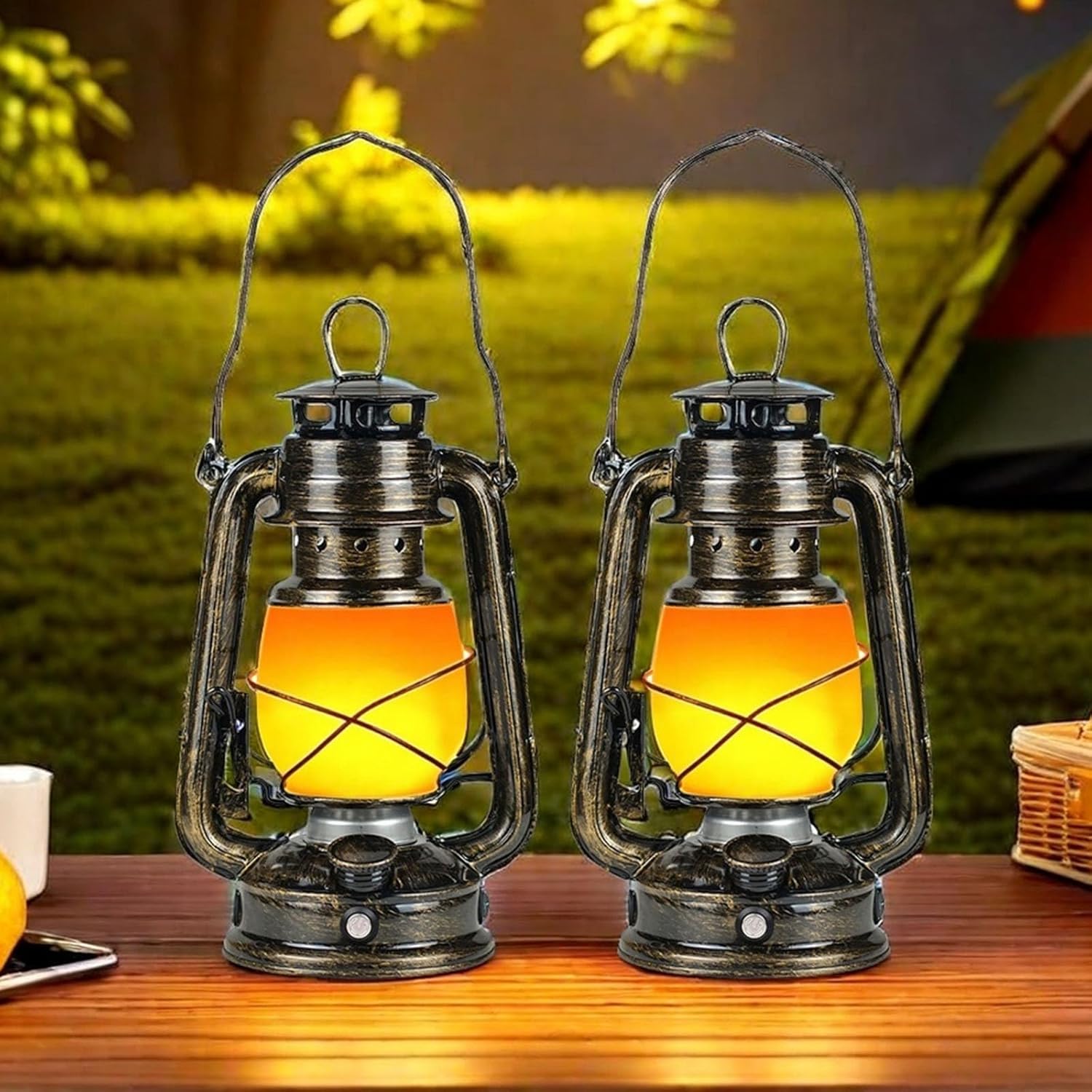 LED-Vintage-Laternen, 2 Stück, Laternen für draußen, LED-Laternen für den Außenbereich, wiederaufladbar, Campinglampe, Gartenlaterne, realistisch flackernde Flamme, Campinglaterne für Veranda, Terrasse, drinnen und draußen