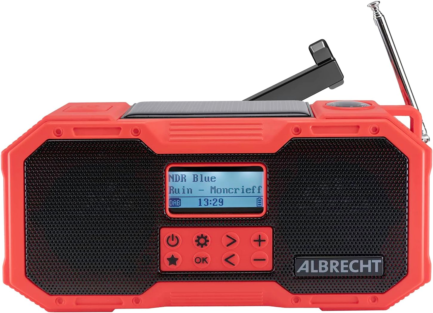 Albrecht DR 112, tragbares DAB+/FM Outdoor-Kurbelradio, 27911, SOS-Notruf, Taschenlampe, Solarmodul, PowerBank, IPX5-Wasserschutz