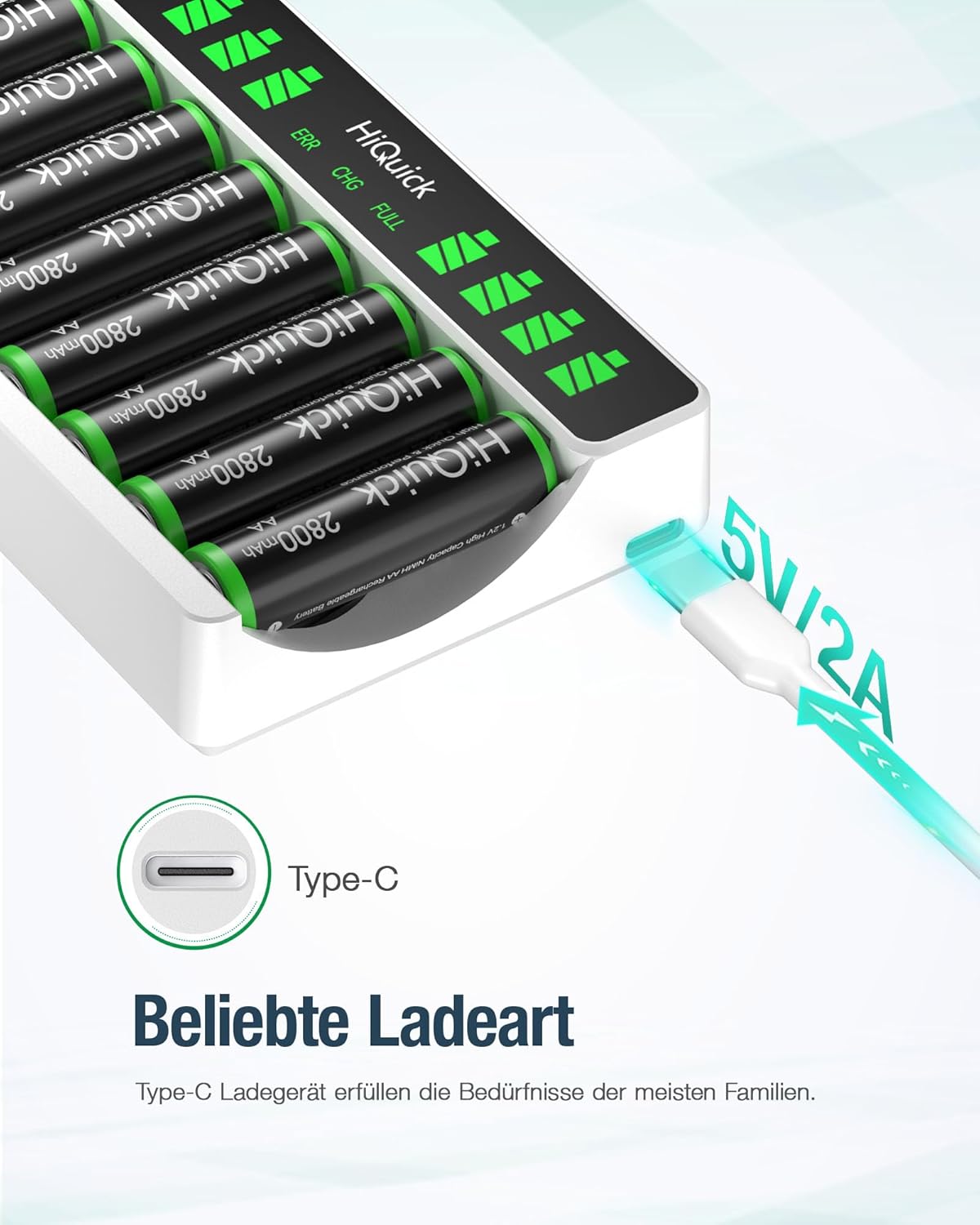 HiQuick Akku-Ladegerät mit AA-Batterie 4er Pack und AAA Batterie 4er Pack für Mignon AA, Micro AAA NI-MH/NI-CD Akkus, 8 Ladeplätze mit LCD-Display – Bild 4