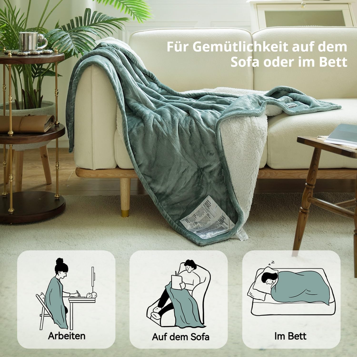 GOTCOZY Heizdecke 130 x 180 cm – weiche, seidige Plüsch-Heizdecke, Heizdecke, 9 Heizstufen und 10 Stunden Auto-Off-Timer, Überhitzungsschutz, Kuscheldecke für Bett und Büro, waschbar (grün) – Bild 3