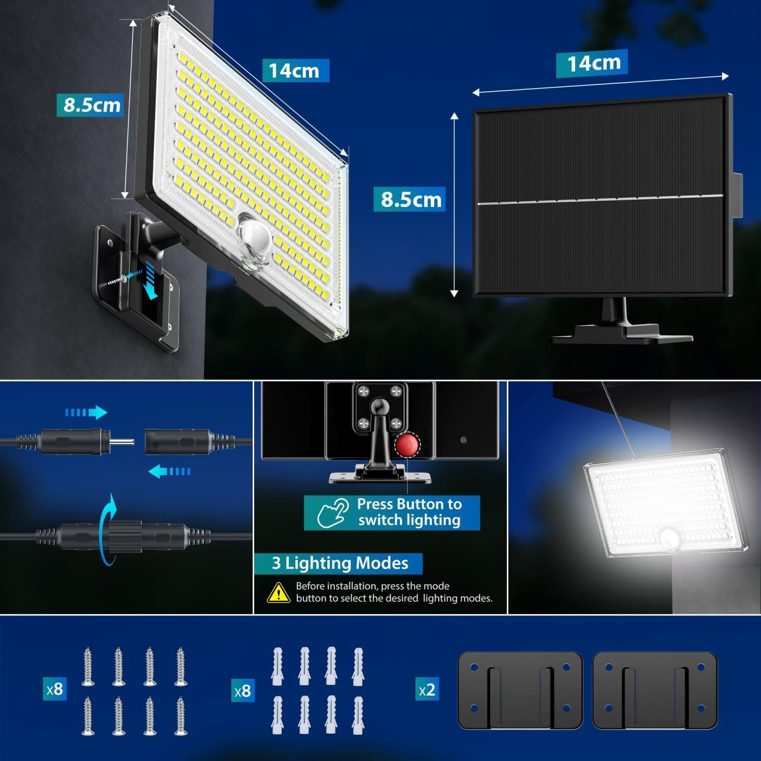 Realky Solarleuchten für den Außenbereich mit Bewegungsmelder, IP65 wasserdichter Solarstrahler mit 5 m Kabel für Garage, Garten, Hof, Stufen, Haustüren, 1 Stück – Bild 5