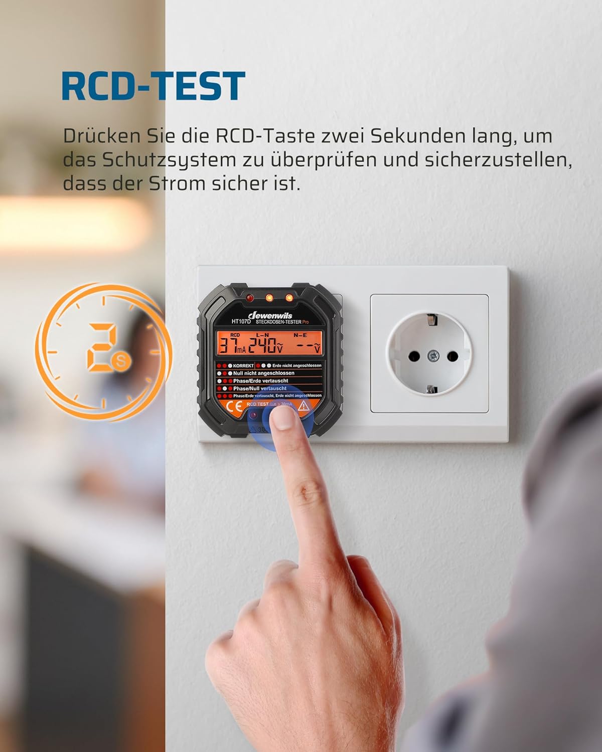 DEWENWILS Steckdosentester mit RCD-Test und LCD-Spannungsanzeige, 6 Arten von Fehlerdiagnose, Leckspannungs- und Stromanzeige, FI-Test, 48–250 V/45–65 Hz, CAT II 300 V – Bild 3