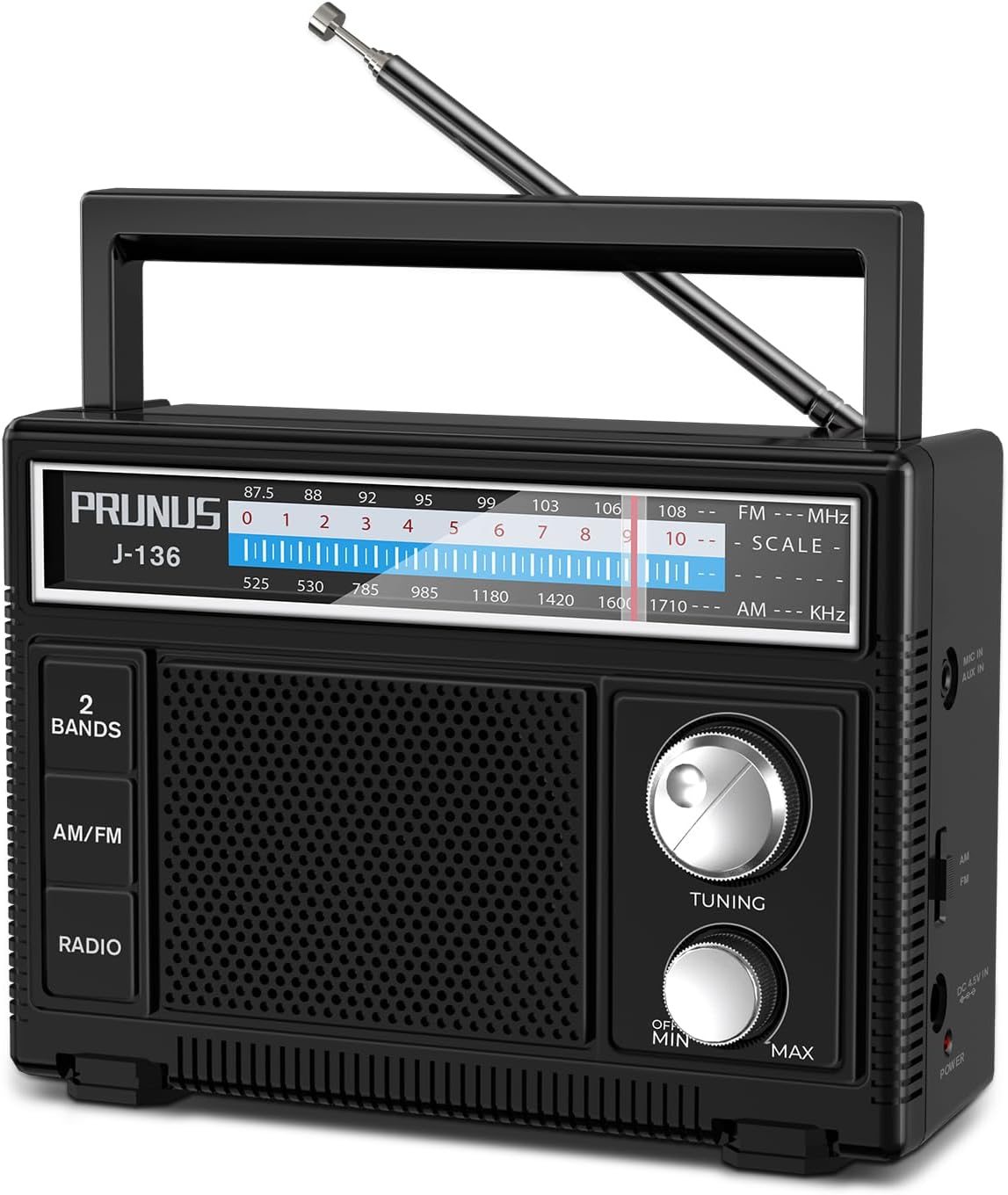 Prunus J-136 AM FM FM Radio Kleines Kofferradio mit AUX/Mikrofonanschluss | Tragbare Radios mit Batterie- oder Wechselstrombetrieb, einfache Radios für Senioren.
