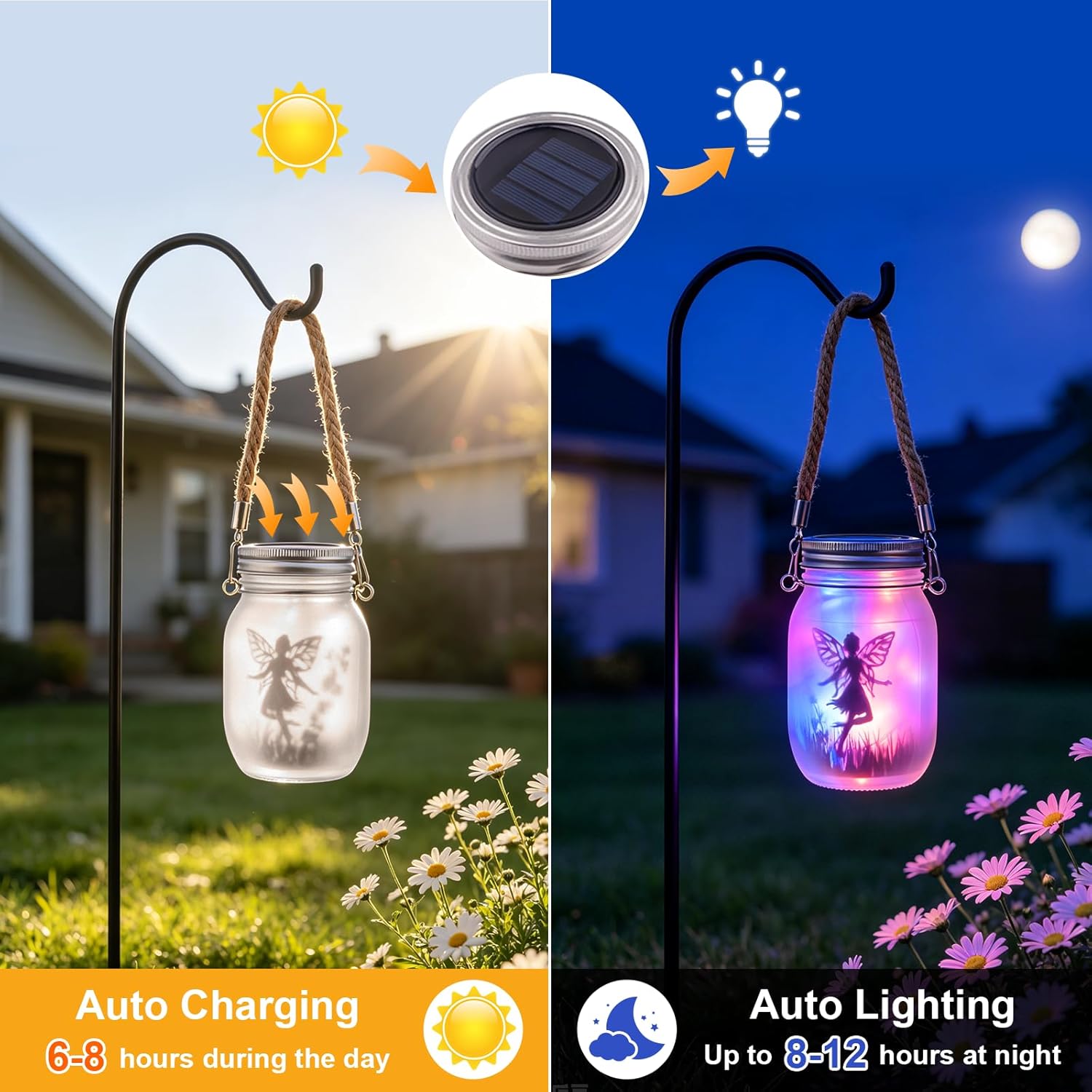 2 Stück hängende Solar-Laternenleuchten für den Außenbereich, Schmetterlingsfee im Einmachglas, IP65 wasserdichte Solar-Gartenleuchten für den Außenbereich, LED-Solarlampe für Garten, Terrasse, Balkon, Dekoration, Außenbereich – Bild 2
