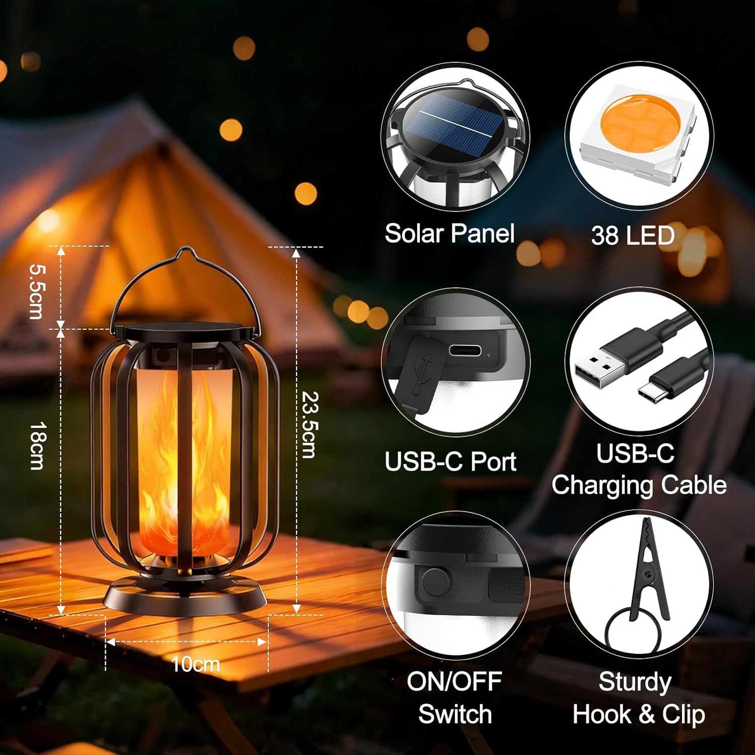 Solar-Flammenlaterne zum Aufhängen im Freien, 2 Stück Solarleuchten IP65 wasserdicht mit 3 Farbtemperaturen, Balkon-Gartenlaterne, Halloween-Dekoration, Außenleuchten für Terrasse, Rasen, Hof, Camping – Bild 6