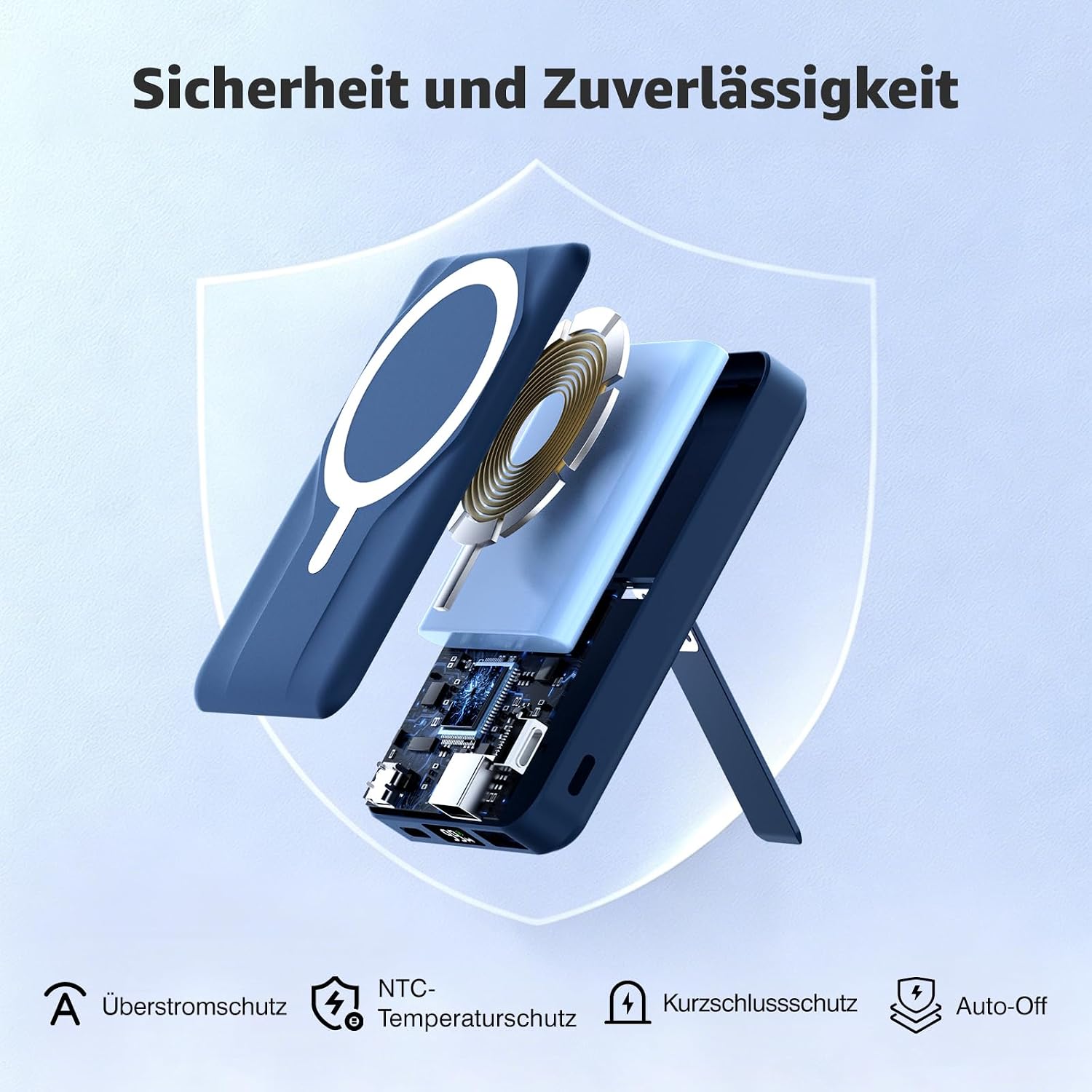 Azmuth Magsafe Powerbank 10000 mAh kabellos magnetisch für iPhone 17-12 | Kabellose Powerbank mit USB-C-Eingang und -Ausgang, 22,5 W USB-A, Klappständer und LED-Bildschirm für iPhone 17/16/15/14/13/12 – Blau – Bild 7