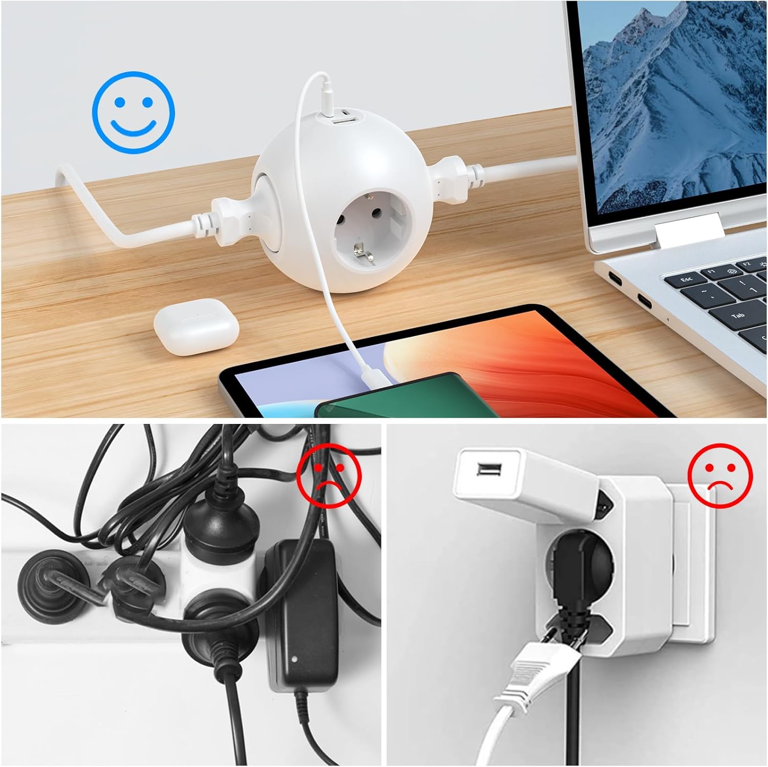 PD 25W Steckdosenleiste Cube mit 1 USB A und 2 USB C, Steckdosenleiste mit 3-fach Steckdosenadapter, Kugelsteckdose mit 2m Kabel (3680W 16A für Bürosteckdosen, weiß) – Bild 6