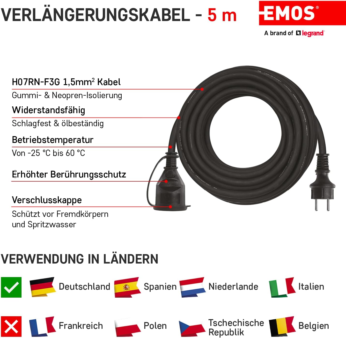 EMOS Verlängerungskabel 5 m Schuko, Gummi-Verlängerungskabel für den Außenbereich IP44, H07RN-F3G 1,5 mm2 – Bild 3
