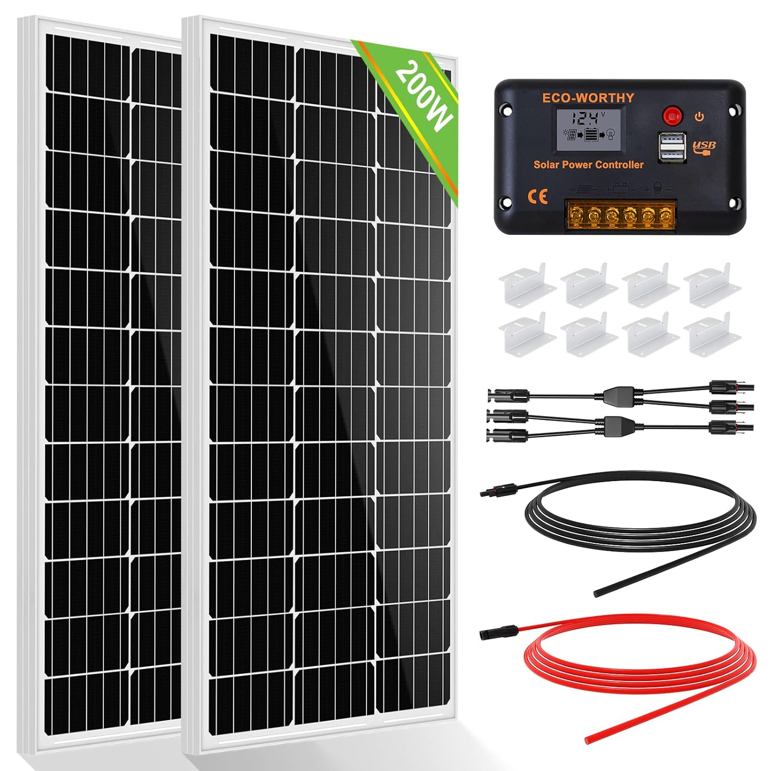 Umweltfreundliches 100 W / 120 W / 150 W / 200 W / 240 W, 12 V-Solarpanel-Set mit 20 A Solarladeregler und 5 m Solarkabel und Z-Halterungen für Wohnmobil, Boot, Wohnmobil
