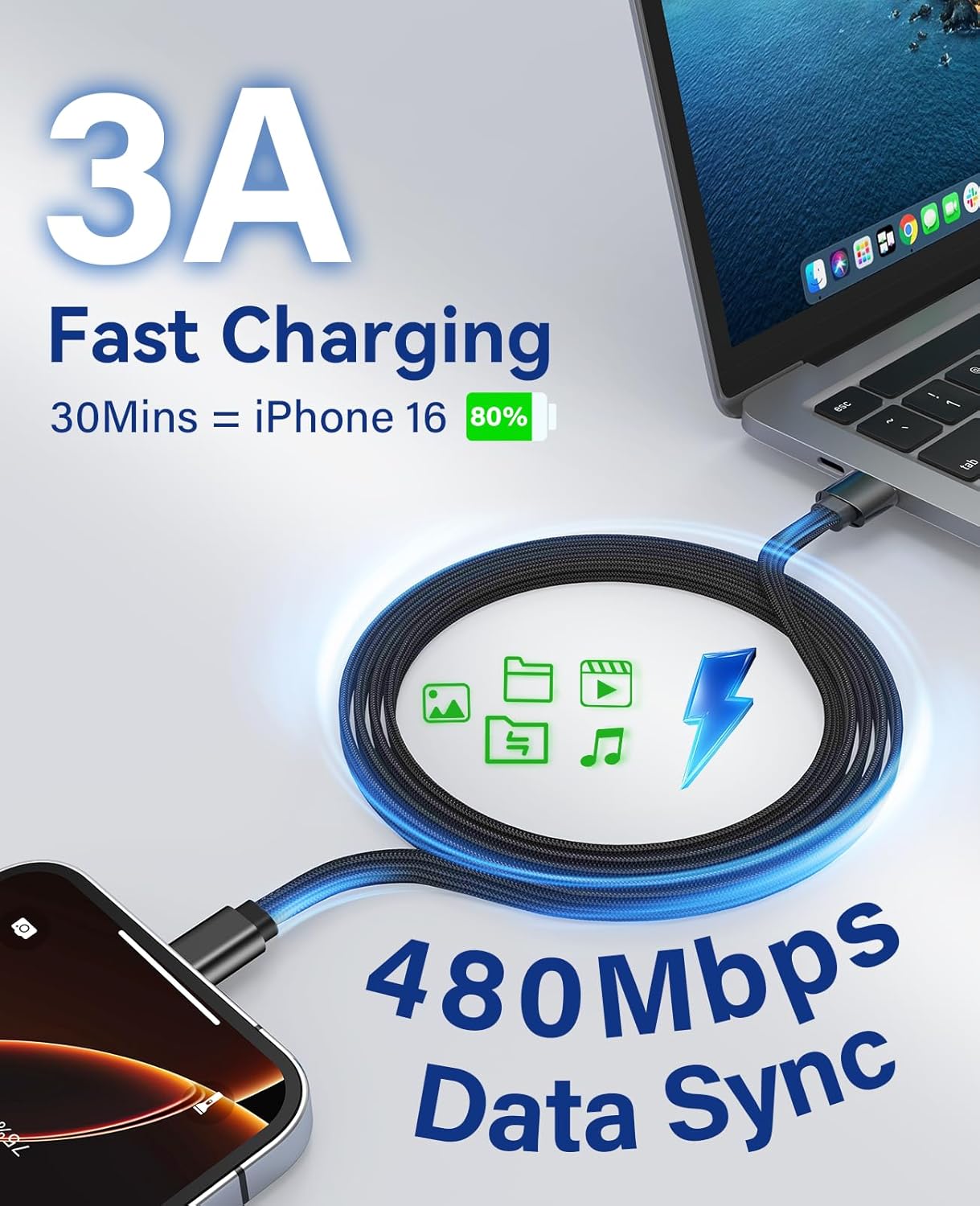 Magnetisches USB-A-auf-USB-C-Kabel von Magtame, 1 m, spiralförmiges 3-A-Schnellladekabel, flaches USB-C-Kabel, organisiertes, verwechslungssicheres, geflochtenes Datensynchronisierungs-Typ-C-Ladekabel – Bild 3