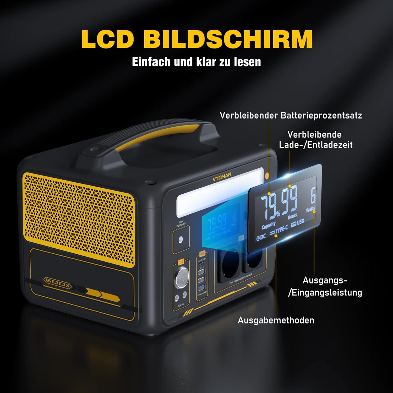 VTOMAN Jump 600X Tragbares Kraftwerk 600 W – 299 Wh Solargenerator LiFePO4 Batterie Stromerzeuger mobil mit 2 x 600 W (1200 W Spitze), erweiterbare Kapazität für Garten, Camping, Wohnmobil, Notfall – Bild 9
