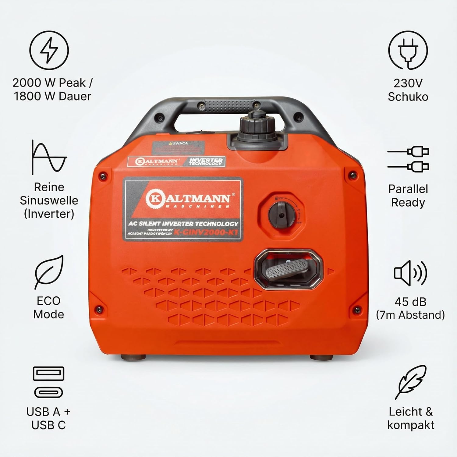Leiser Inverter Stromerzeuger 2000 W – Tragbarer Benzin-Notstromgenerator mit reiner Sinuswelle, Eco-Modus, Parallelbetrieb, USB-C & 230 V – Ideal für Camping, Wohnmobil, Wohnwagen & Outdoor-Einsatz – Bild 7