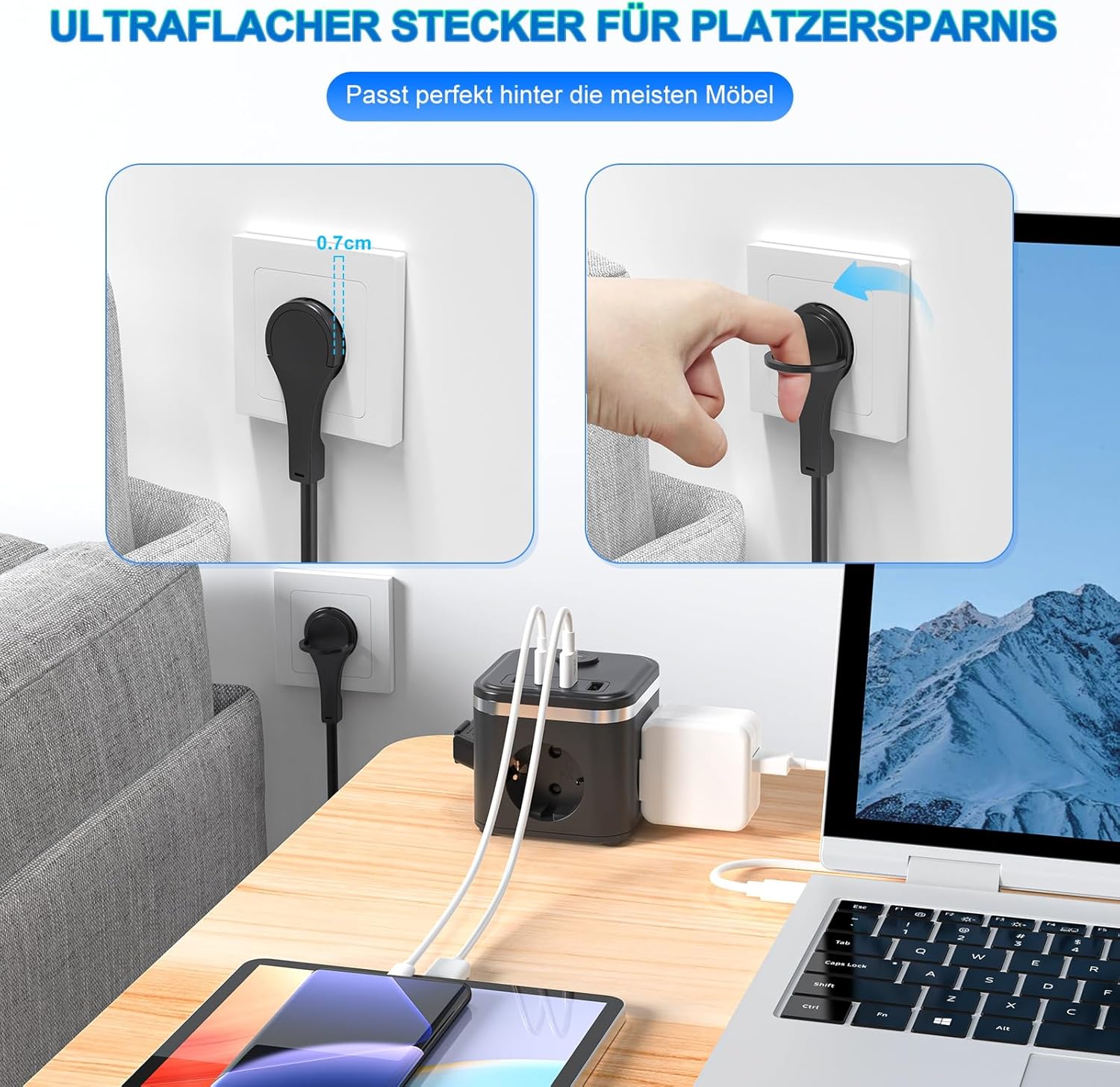 HITRENDS Steckdosenwürfel mit USB, USB-C-Steckdosenleiste, USB-C-Ladegerät, 3-Wege-Steckdose mit Schalter, tragbares PD-Ladegerät für MacBook, iPad, iPhone 16/15, Galaxy S25 Ultra, Zuhause, Büro, Reisen – Bild 3