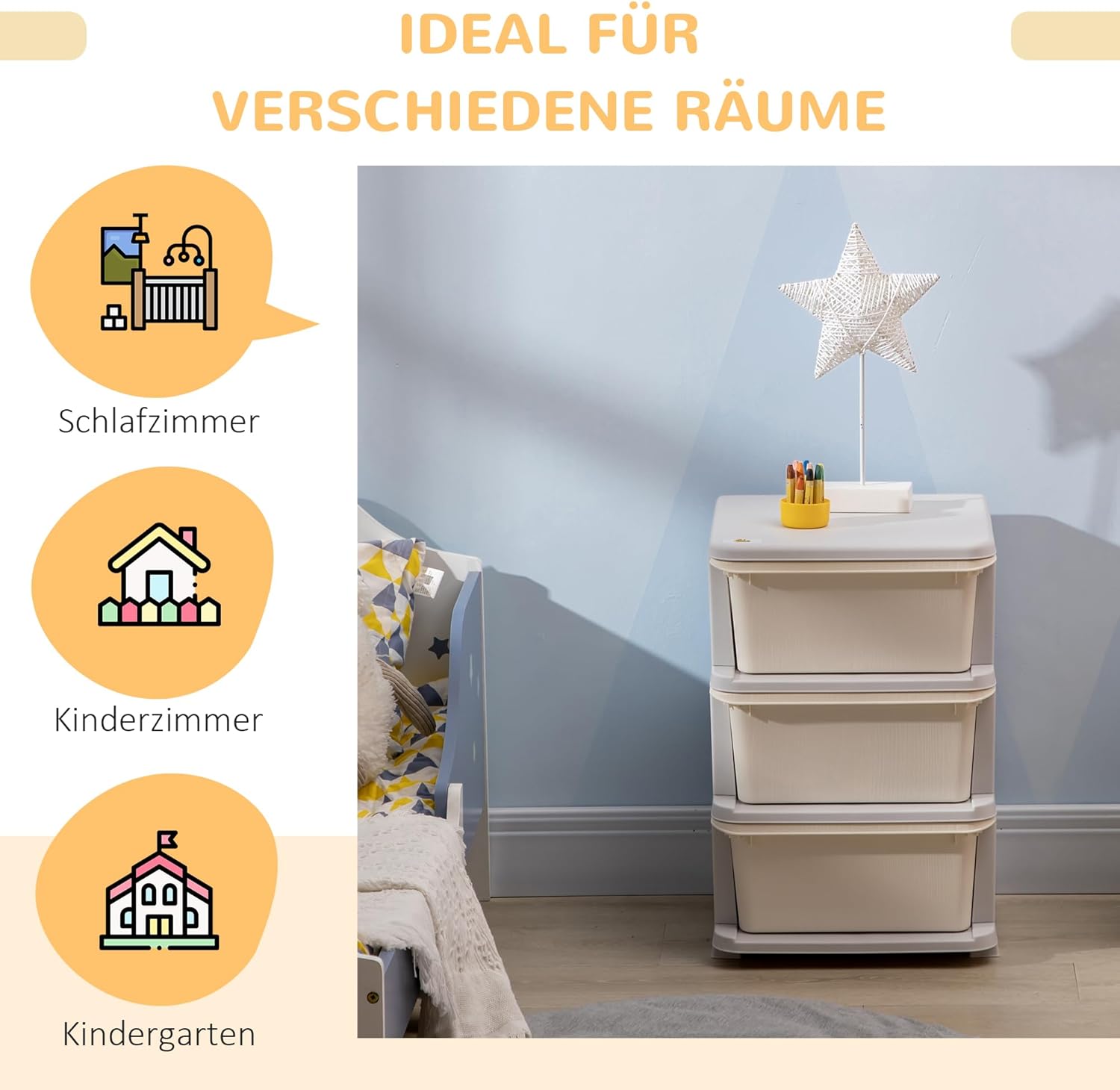 HOMCOM Schubladenschrank für Kinder mit Stauraum, Aufbewahrungsboxen, Spielzeug-Organizer, Spielzeugkiste, drei Ebenen, für Kinderzimmer, 3–6 Jahre, Kindermöbel, Cremeweiß, 37 x 37 x 56,5 cm – Bild 5