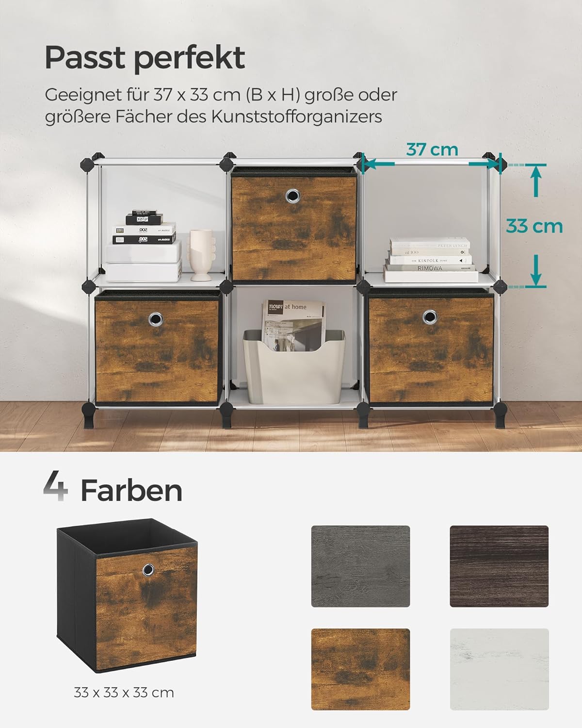 SONGMICS Aufbewahrungsboxen, 6er-Set, Oxford-Stoff, Faltbox, 33 x 33 x 33 cm, Stoffbox, für Würfelregal, Organizer für Kleidung, Vintage Braun/Schwarz, RFB133B01 | Fit Cube faltbare Aufbewahrungseinheit, 33 x 33 x 33 cm, Rustikales Braun und Schwarz, RFB133B01 – Bild 5