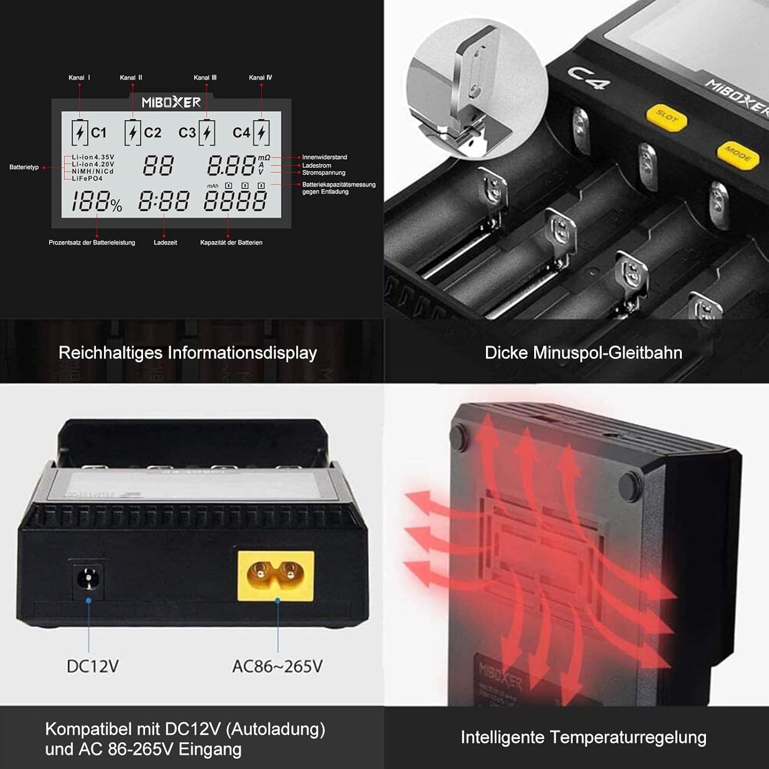 Universal-Akkuladegerät, 18650 Akkuladegerät mit 4 Steckplätzen, LCD-Display Akkus Ladegerät für Li-Ion LiFePO4 NI-MH NI-Cd AA AAA C 18350 18500 18700 20700 21700 26650 RCR123 – Bild 4