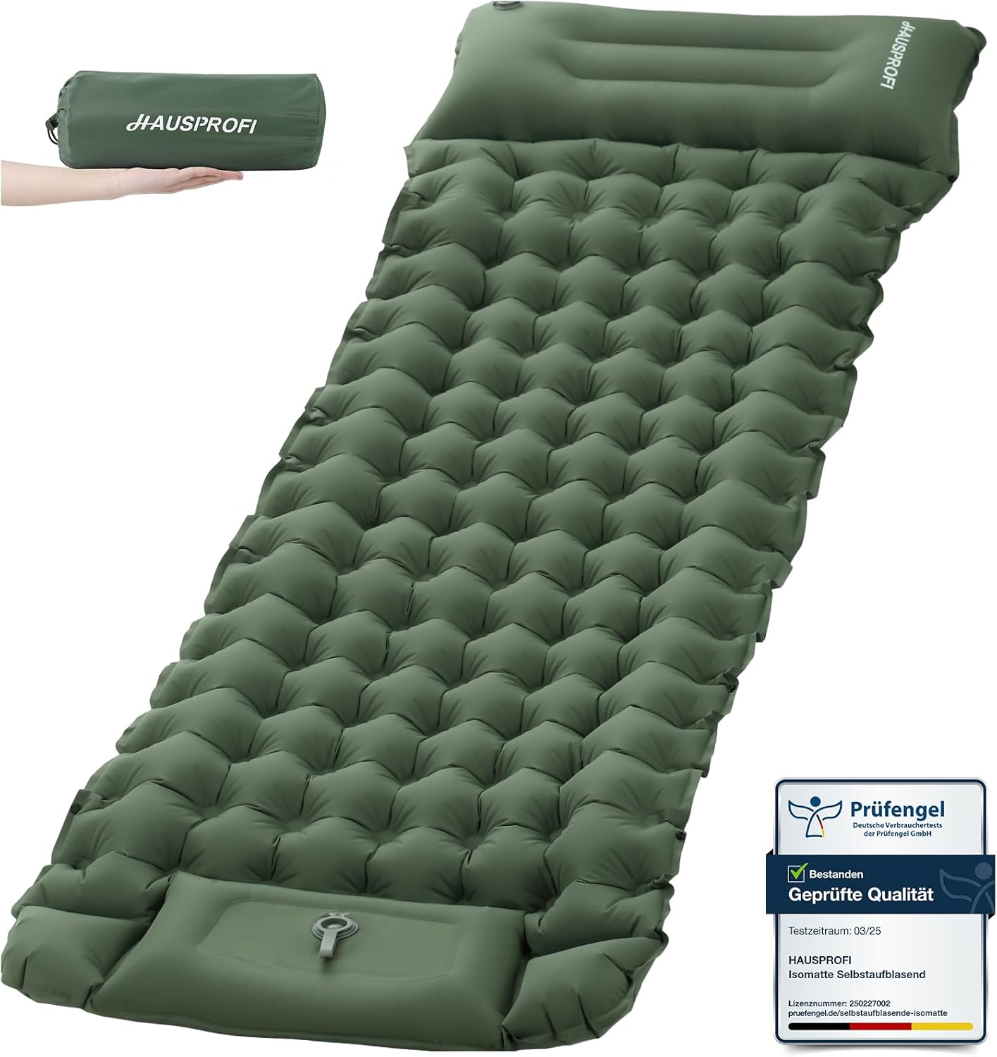HAUSPROFI Selbstaufblasende Isomatte, Ultraleichte Campingmatte, Aufblasbare Isomatte, Campingmatratze, Luftmatratze, Campingmatte mit Fußpumpe und Kissen für den Außenbereich