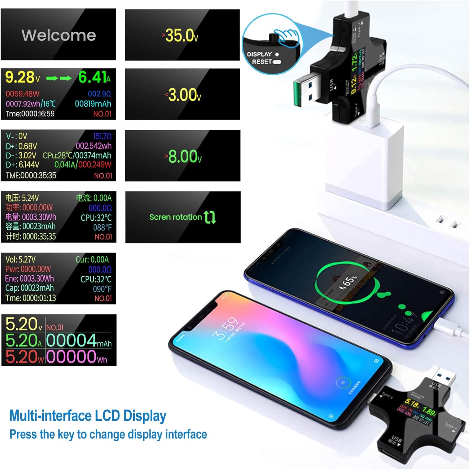 USB-Tester-Messgerät, 2-in-1-USB-C-Strommessgerät, digitales Multimeter, Strommessgerät, Leistungsmesser, Spannung, Voltmeter, Strom, Leistungskapazitätsdetektor – Bild 2
