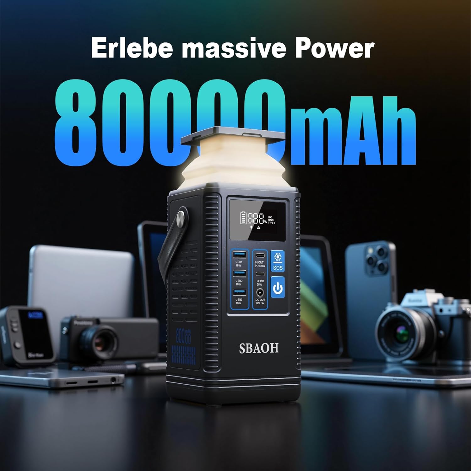 Powerbank Powerstation PD100W, SBAOH 296Wh Akku für mehrere Geräte, Solargenerator für Camping, Outdoor, Reisen, Notfälle (Netzteil nicht im Lieferumfang enthalten) – Bild 2