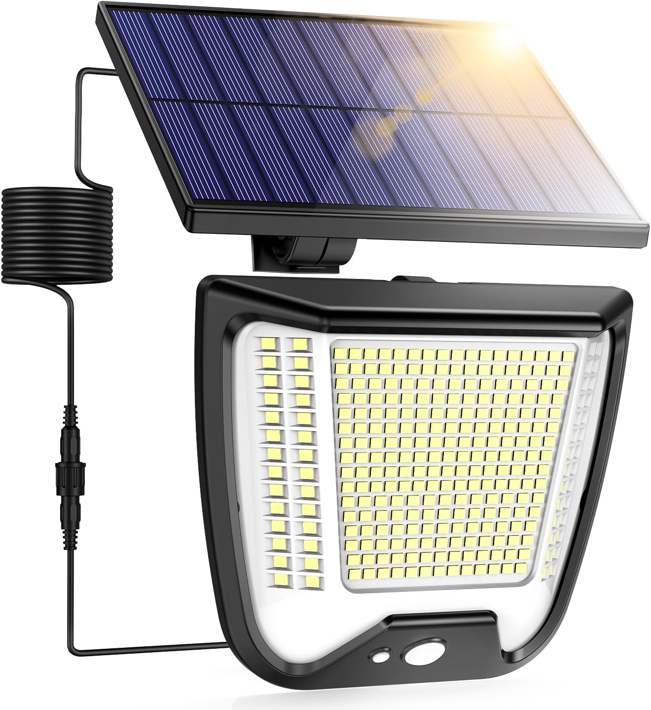 Solarleuchten für den Außenbereich mit Bewegungsmelder, LED-Solarleuchte: 288 LED-Solarstrahler, Außenleuchte, 3 Modi, Außenlampe, Außenlampe, IP65, wasserdichtes Licht, 270°, Solarlampe, Garten-Wandleuchte mit 5 m Kabel