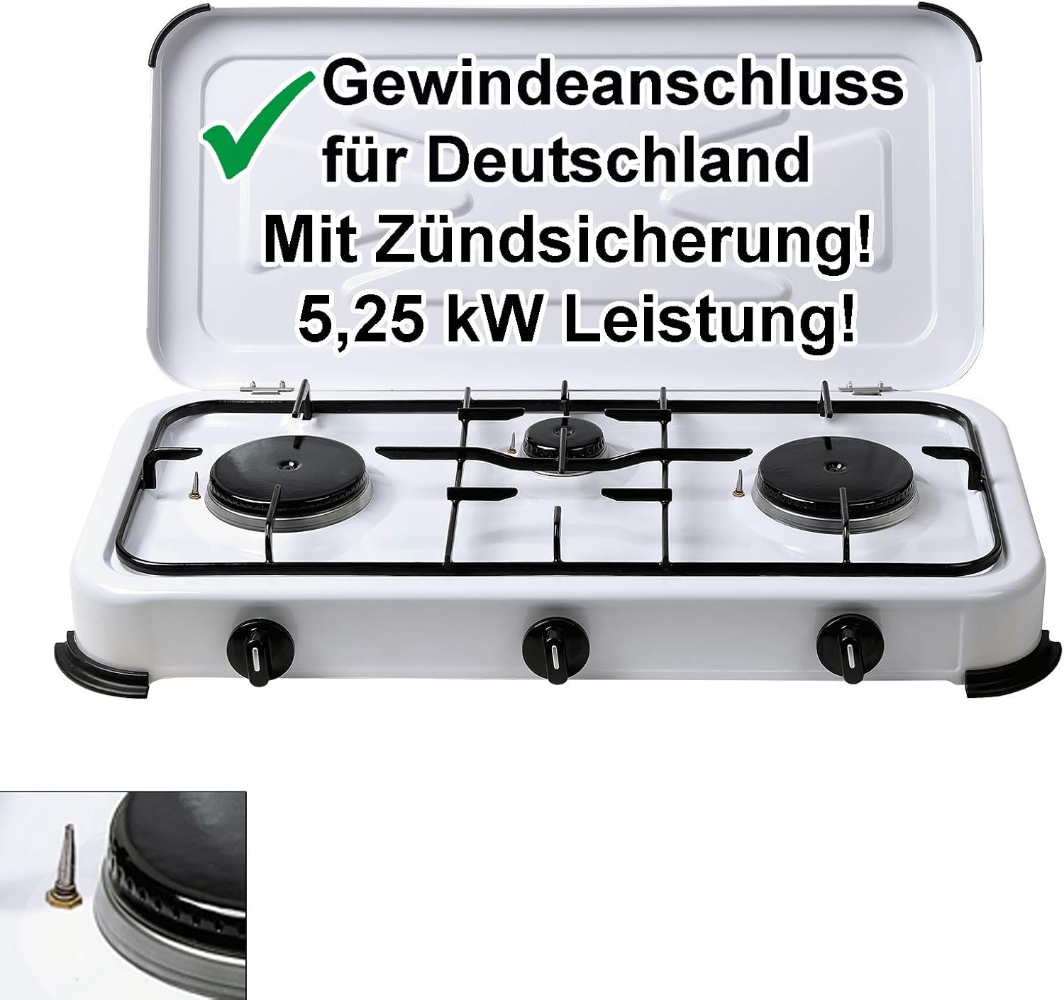 Bluecraft Gaskocher, 3 Brenner, 5,25 kW, Zündung, Sicherheits-Campingkocher | Gaskocher für Gasflaschen, Dreifachkocher für Camping, Outdoor-Küche, Garten, Freizeit, Wohnmobil, Wohnwagen & Boot