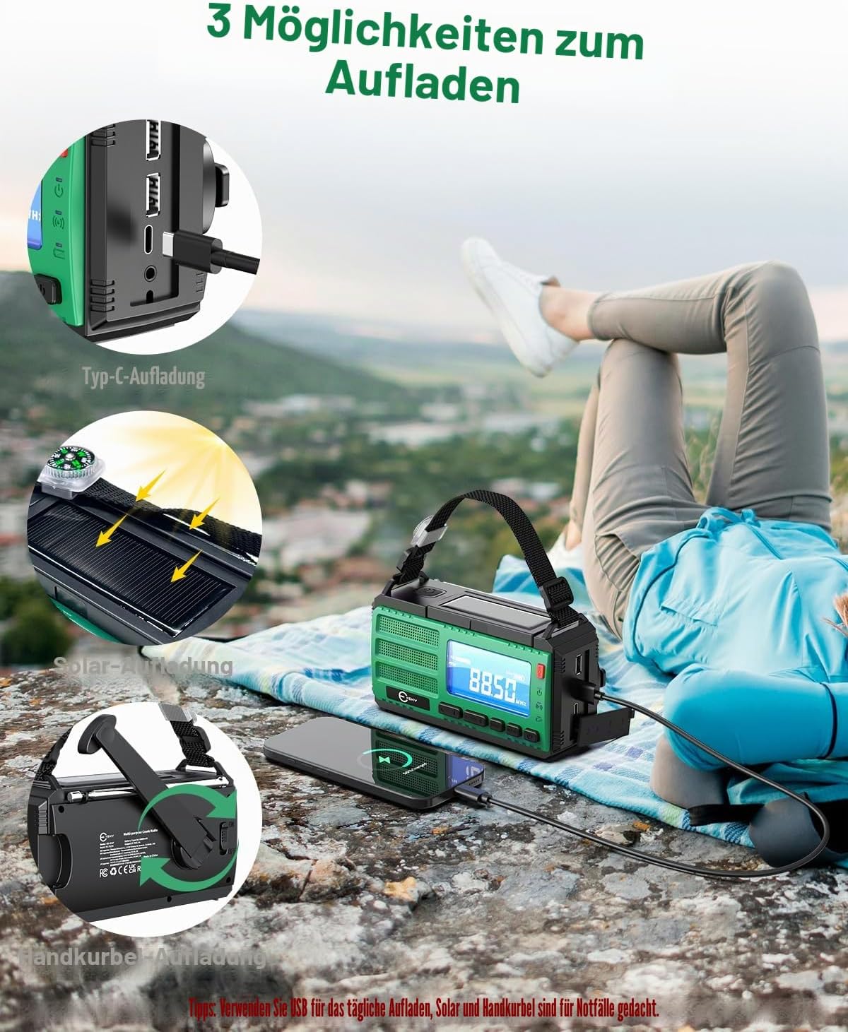 Esky Kurbelradio, 10000 mAh Solar-Notfallradio mit wiederaufladbarem AM/FM-Weltempfänger, USB-Ladegerät, LED-Taschenlampe und Leselicht, SOS-Alarm und Kompass, tragbar für Camping, Notfall, Verdunkelung, Geschenkidee – Bild 3