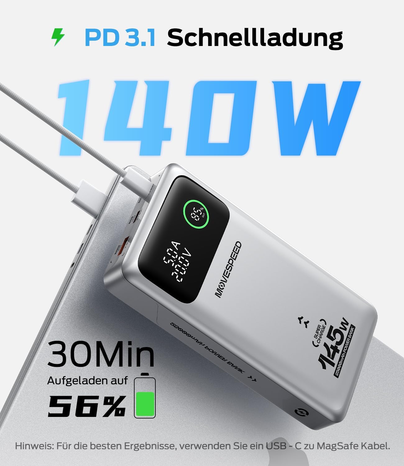 Movespeed 145 W Power Bank 25000 mAh Laptop Power Bank Tragbares Ladegerät mit 3 USB-Anschlüssen PD 3.1 und Digitalanzeige, kompatibel mit Laptop MacBook Pro/Air, iPhone 17 Pro Air /16, Galaxy S25, iPad – Bild 2