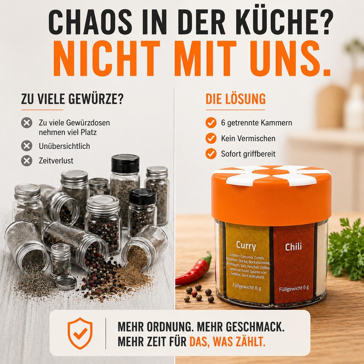 ration1 Gewürzstreuer XXL 6 in 1 Set für Camping-, Wander- und Outdoor-Ausrüstung, Gewürz-Organizer mit Salz, Pfeffer, Chili, Pfeffer, Knoblauch, Curry – Bild 7
