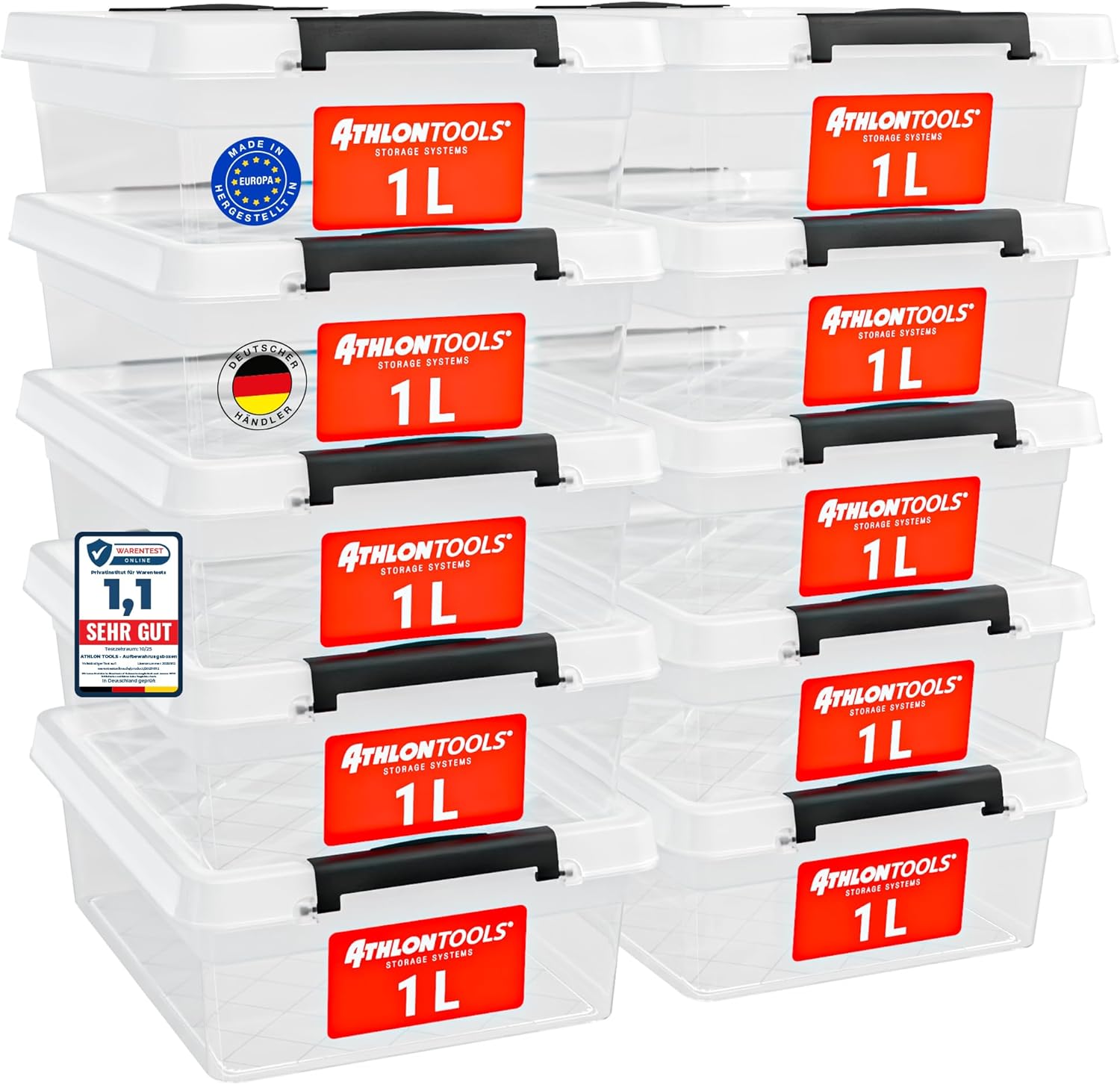 ATHLON TOOLS 10er Set 1 Liter Aufbewahrungsboxen mit Deckel, klein, 100 % lebensmittelecht, BPA-frei, Kunststoffbox mit Deckel, stapelbar, Aufbewahrung & Organisation, Kunststoff-Stapelboxen aus neuem Material