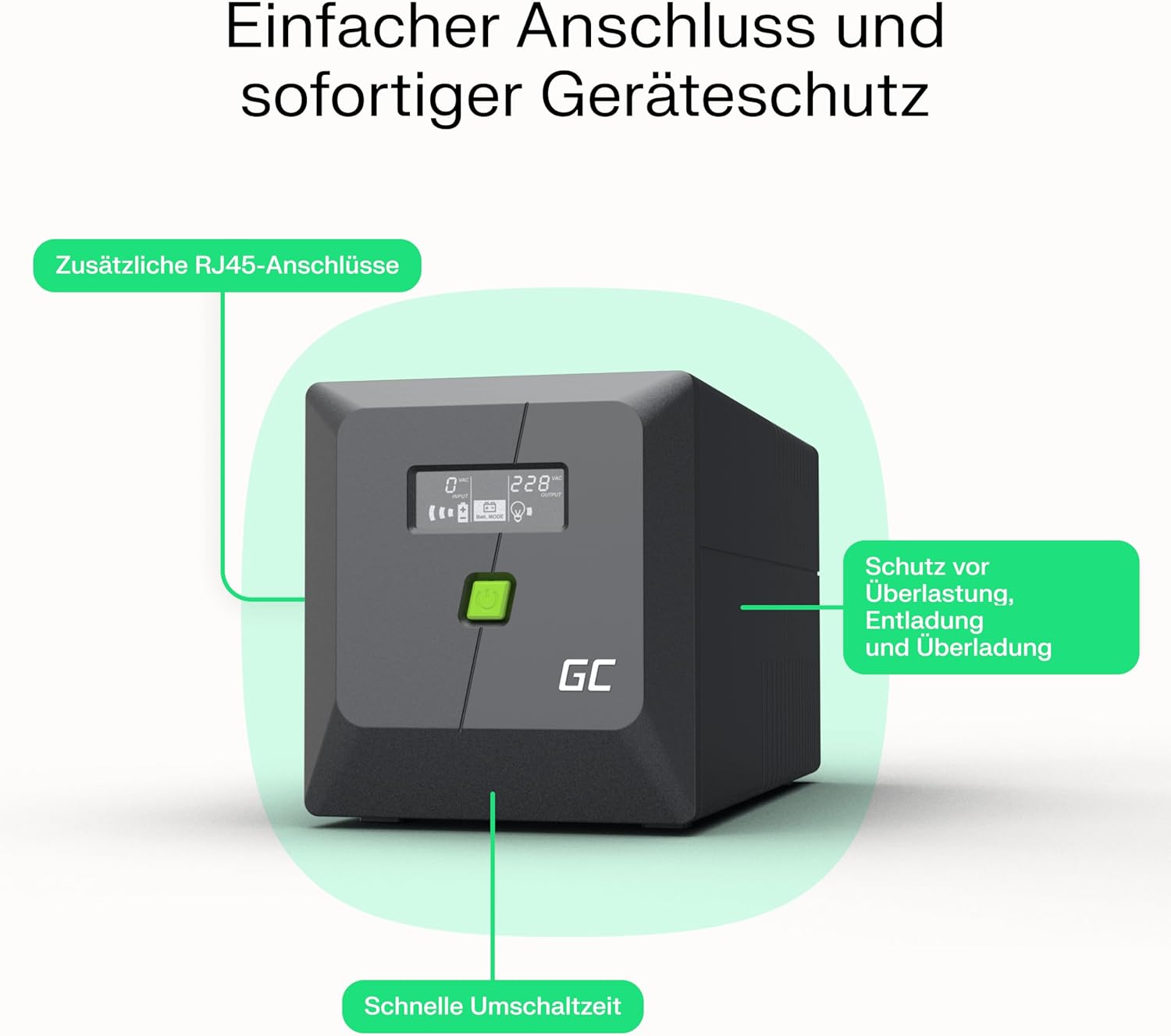 Green Cell PowerProof USV 2000VA 1400W, LCD, reine Sinuswelle und IEC | Notstromversorgung mit Überspannungsschutz, RJ45 und 4 Schuko-Ausgängen für Haushaltsgeräte – Bild 4