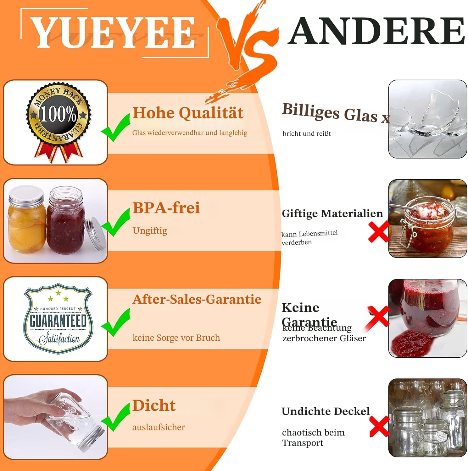 Einmachgläser mit Deckel, 6 Stück, Einmachgläser 450 ml/16 oz, aus klarem Glas, Abfüllgläser mit Schraubdeckel, perfekt für selbstgemachte Marmelade, Gelee, Reis, Zucker oder Nudeln, mit Ersatzdeckel – Bild 8