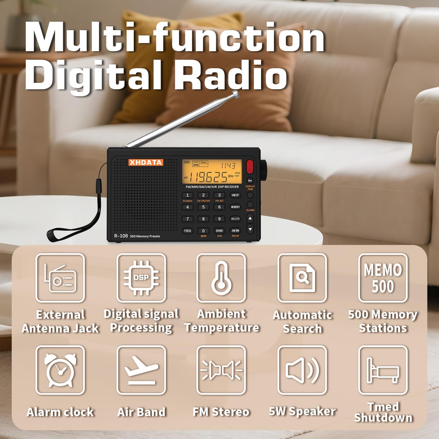 XHDATA R-108 Kleine tragbare Radios, wiederaufladbares Batterieradio FM AM SW Airband Radio Weltempfänger Digitalradio mit ATS Station Memory Sleep Funktion (Schwarz) – Bild 2