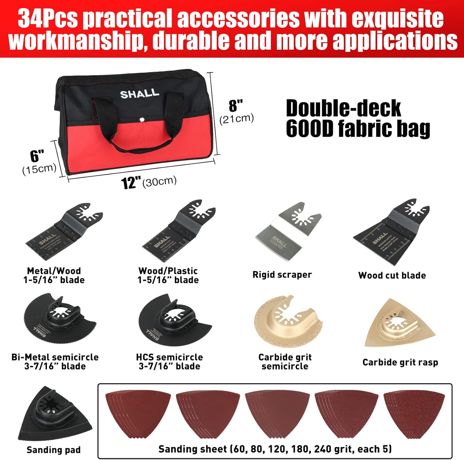 SHALL Oszillierwerkzeug, 500-W-Oszillier-Multitool-Kit mit 5° Oszillationswinkel, Schnellwechsel, 6 Geschwindigkeiten, Zusatzhandgriff, 34 Sägezubehörteilen und Tragetasche – Bild 3