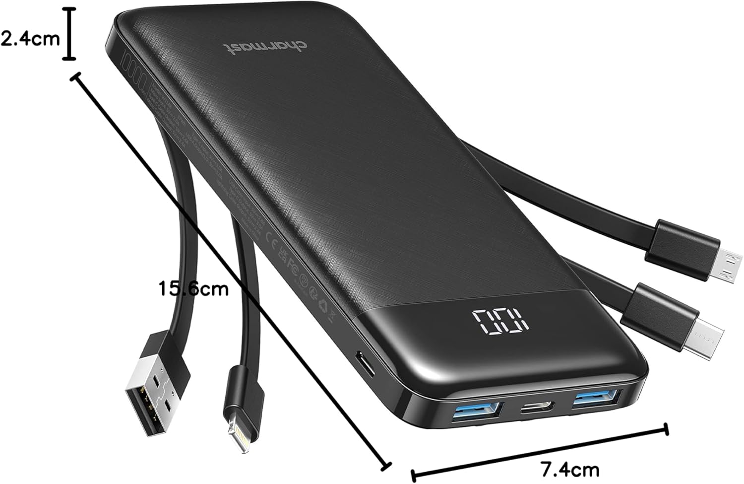 Charmast Powerbank 10000 mAh, externer Akku, USB-C-Powerbank mit 4 integrierten Ladekabeln, tragbares Ladegerät, LED-Display, kompakt, schlank, 6 Ausgänge, kompatibel mit iPhone, Huawei, Samsung Tablet – Bild 10