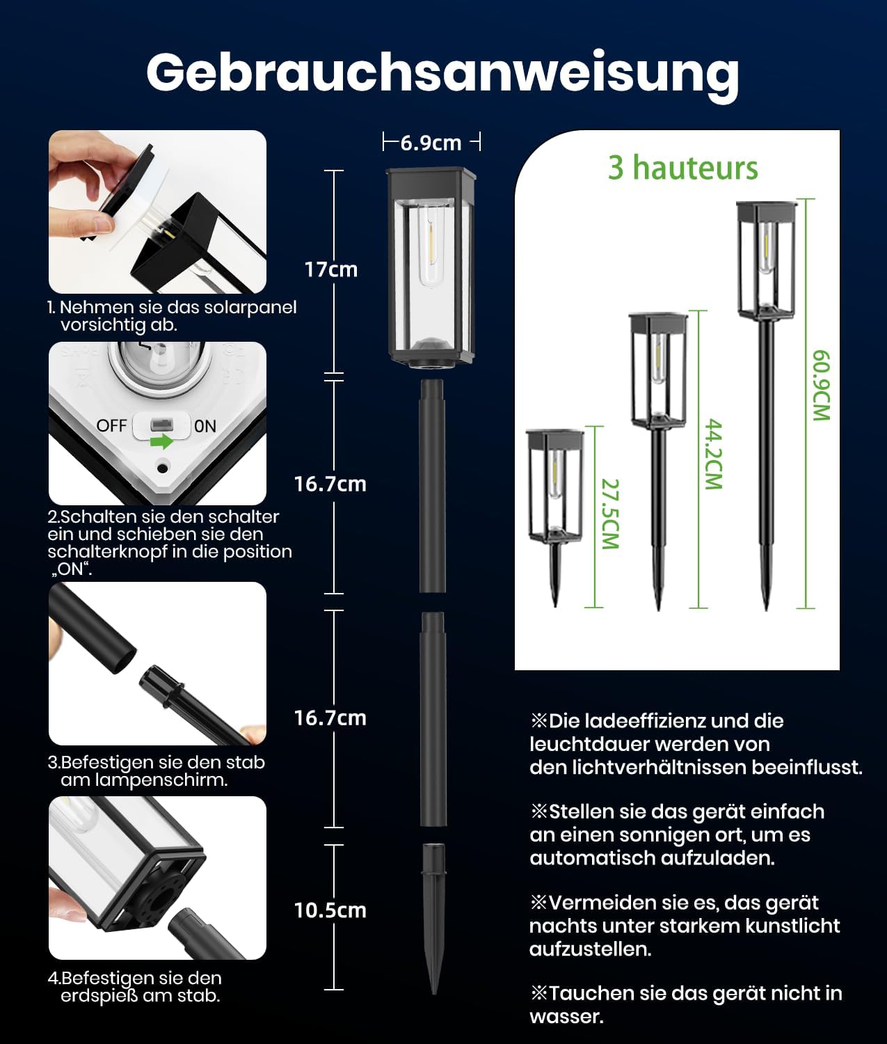 Solarleuchten für den Außenbereich, Garten-Solarleuchten für den Außenbereich, 4 Stück mit längerer Arbeitszeit, IP65 wasserdichte Solar-Gartenlampe, extrem helle Außen-Solarleuchten für Terrasse, warmweiß – Bild 8