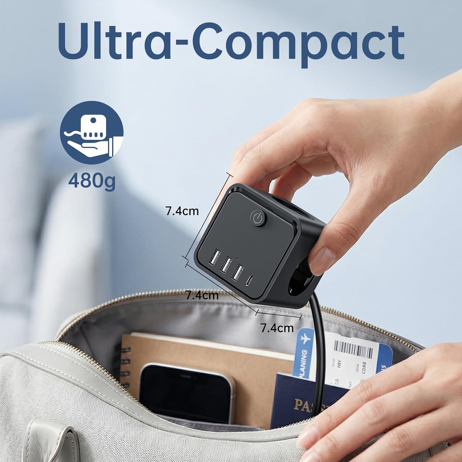 Steckdosenwürfel mit USB, 7-in-1 Steckdosenleiste mit schaltbar, 3-fach Mehrfachsteckdose mit 4 USB, Mehrfachstecker mit Energiesparschalter, 2 m Verlängerungskabel für Büro, Zuhause – Bild 5