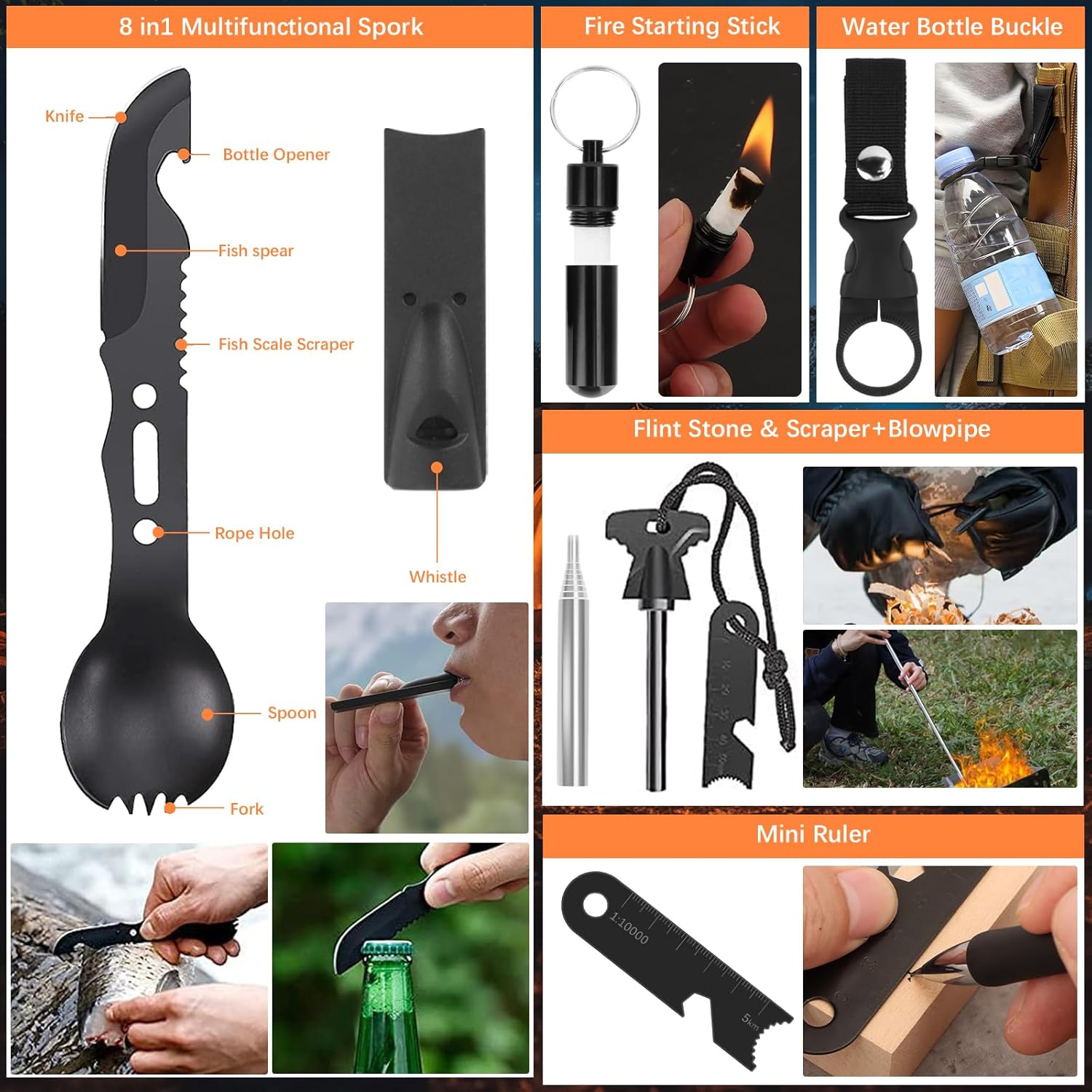 69-teiliges Outdoor-Notfall-Überlebensset, taktischer Taschenlampenkompass, Feuerstahl, Paracord, Multifunktionswerkzeuge und Regenponcho, Notfallausrüstung für Camping, Wandern und Outdoor-Abenteuer – Bild 4