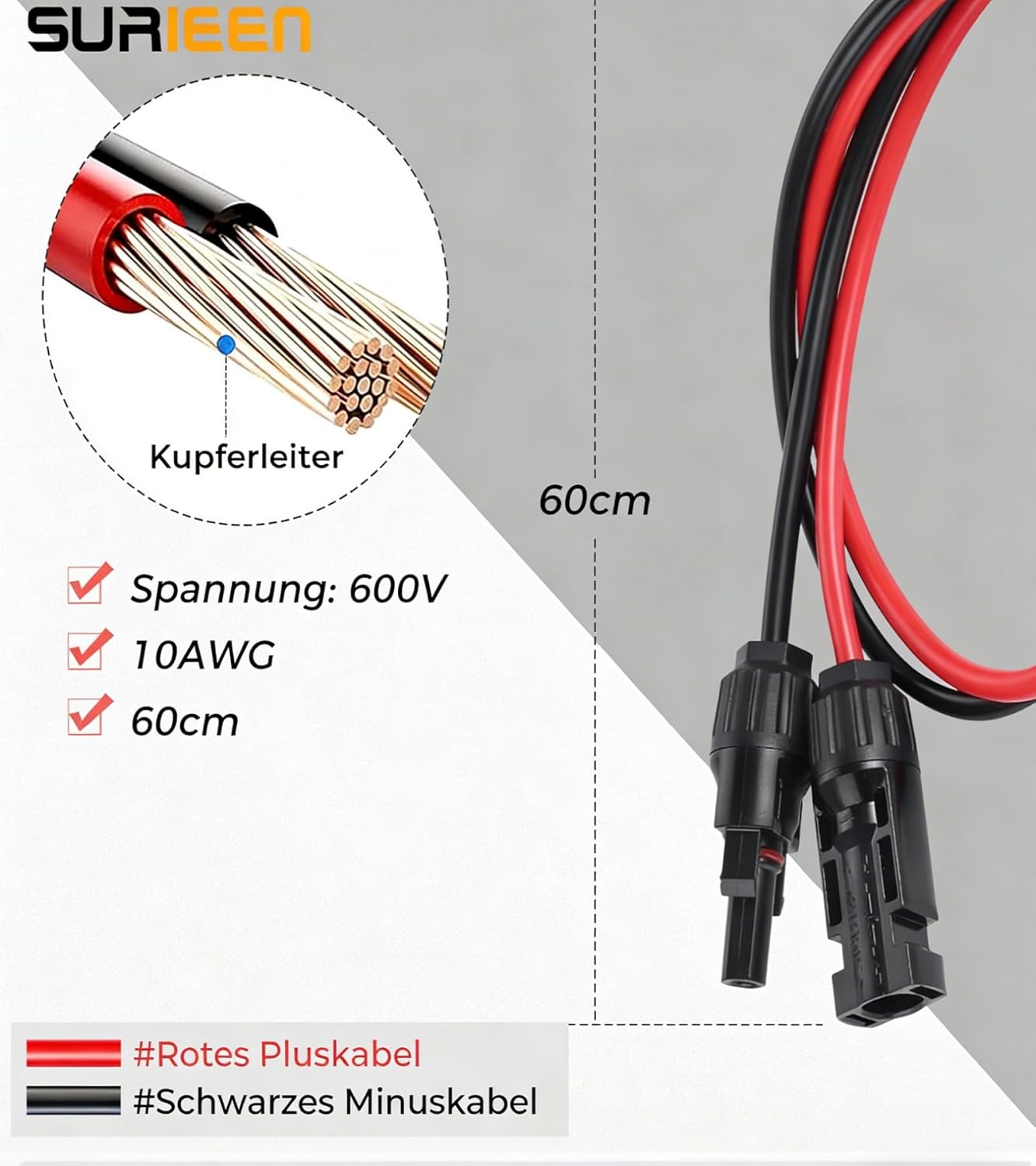 Anderson Solarstecker auf 50 A-Anschlusskabel, 10 AWG-Stecker für Solarpanel-Kabel, Solarpanel-Kabel-Anschluss-Kits für tragbares Wohnmobil-Solargenerator-Kraftwerk (60 cm) – Bild 2