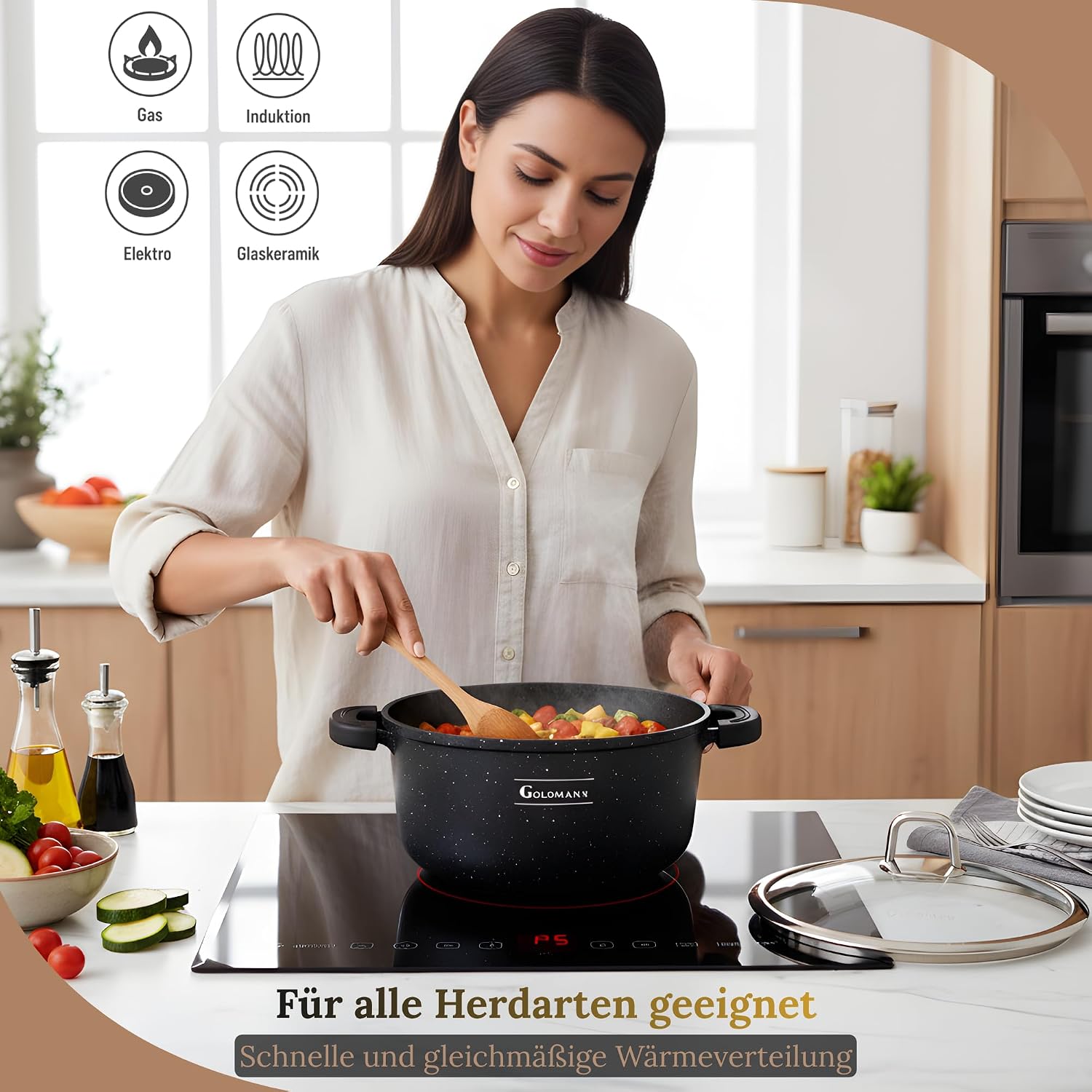 GOLDMANN Stielkasserolle aus Aluminiumguss, 24 cm – 4,5 l, antihaftbeschichteter Glasdeckel aus Keramik in Marmoroptik, Induktion, für alle Herdarten geeignet, ofenfest und PFOA-frei – Bild 6