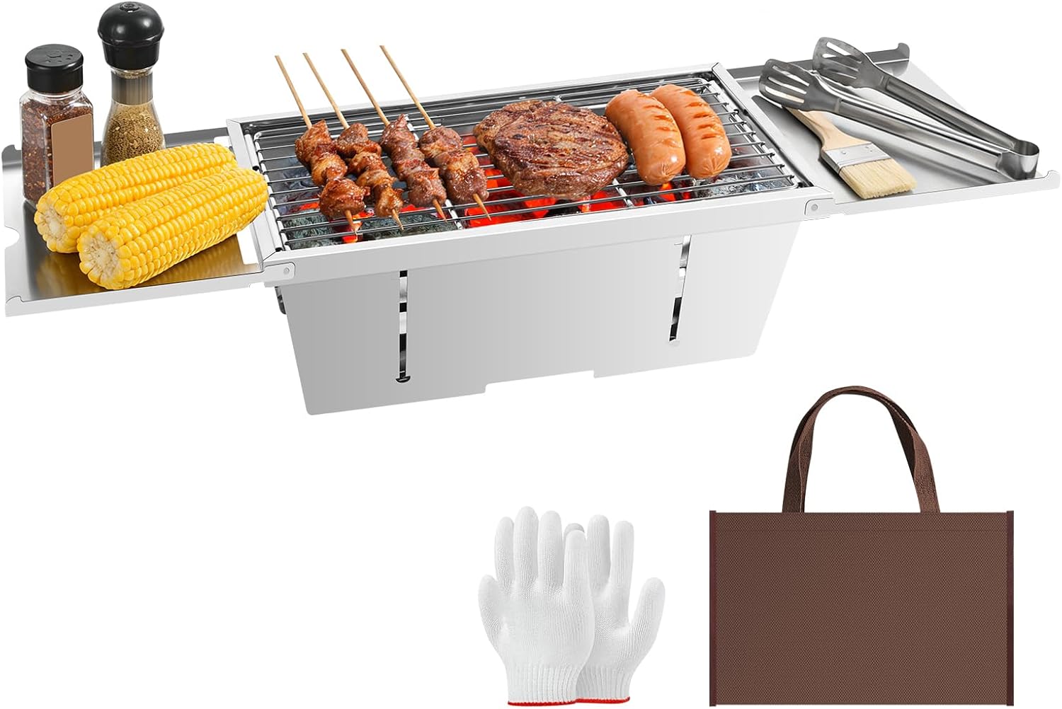 Uten Tragbarer faltbarer Grill, Holzkohlegrill aus Edelstahl mit Aufbewahrungstasche und Handschuhen, Tischgrill für Garten, Strand, Camping, Wandern, Picknicks und Reisen