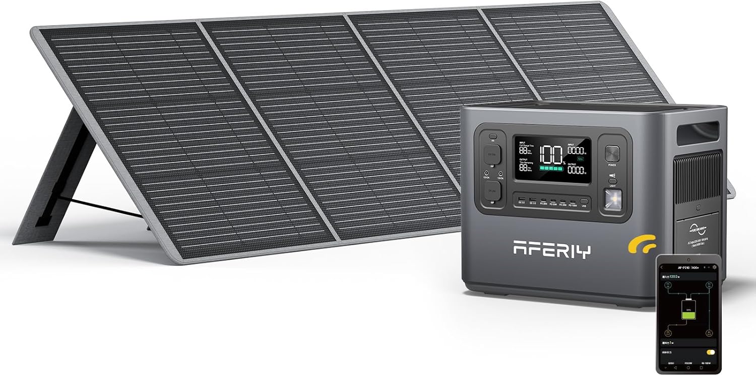 AFERIY Solargenerator 2400 W mit 200 W Solarmodulen, 2048 Wh tragbares Kraftwerk, LiFePO4-Akku, 220 V-240 V, faltbares Solarpanel USB, IP65, für Camping, Reisen, Stromausfälle