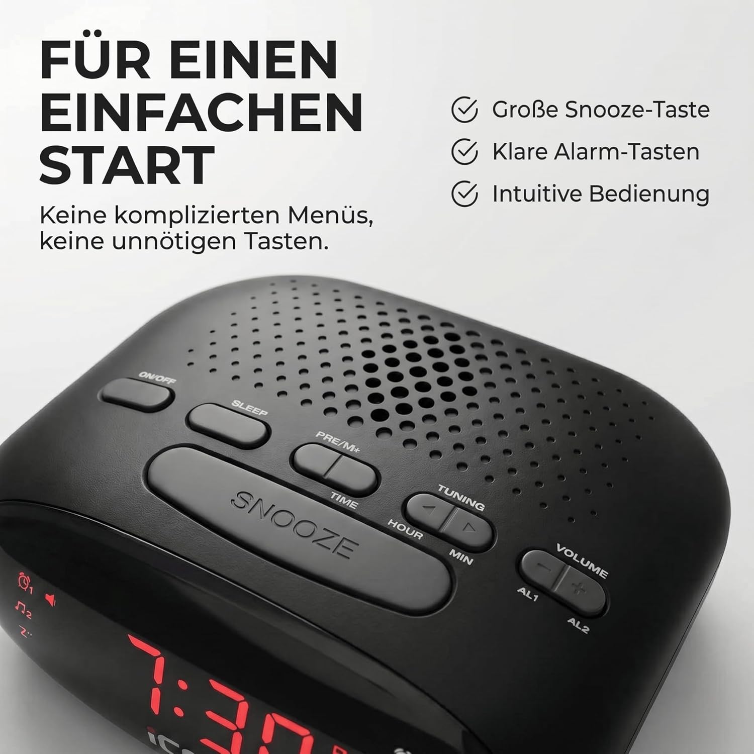 iCES ICR-210 Uhrenradio (2X Weckzeiten, Schlummerfunktion, Sleep-Timer) schwarz | ICR-210 – PLL FM – Schlummerfunktion – Sleep-Timer – Gangreserve – kompakt – Schwarz – Bild 2
